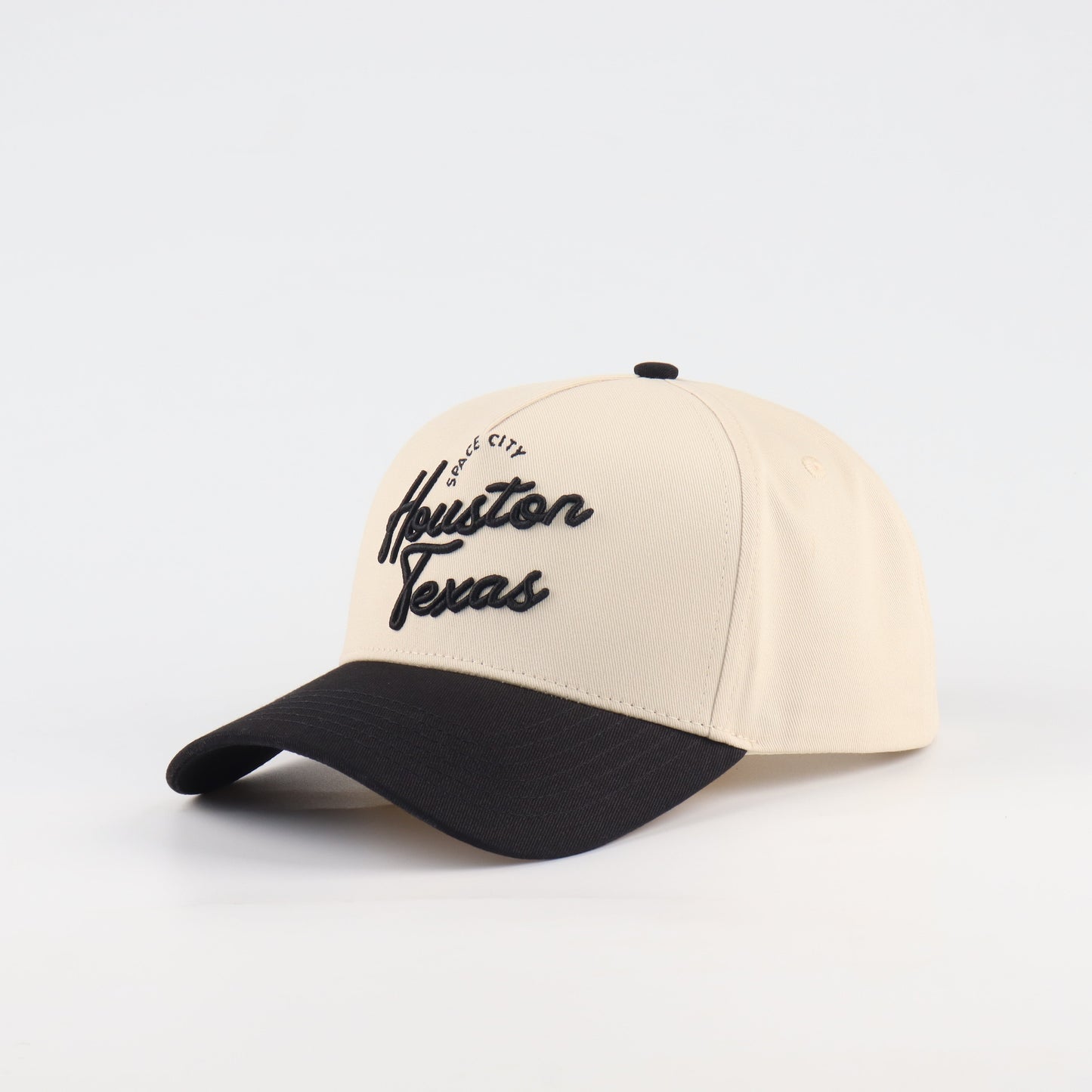 Houston Script Beige and Black Pre-curved Trucker Hat Destination Hat Co.