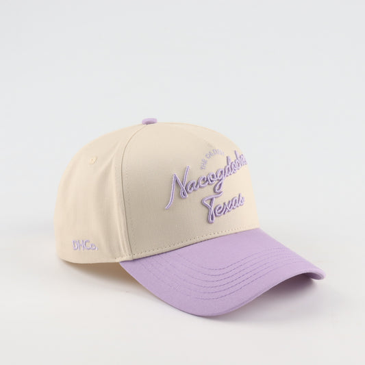 Nacogdoches Script Beige and Purple Pre-curved Trucker Hat