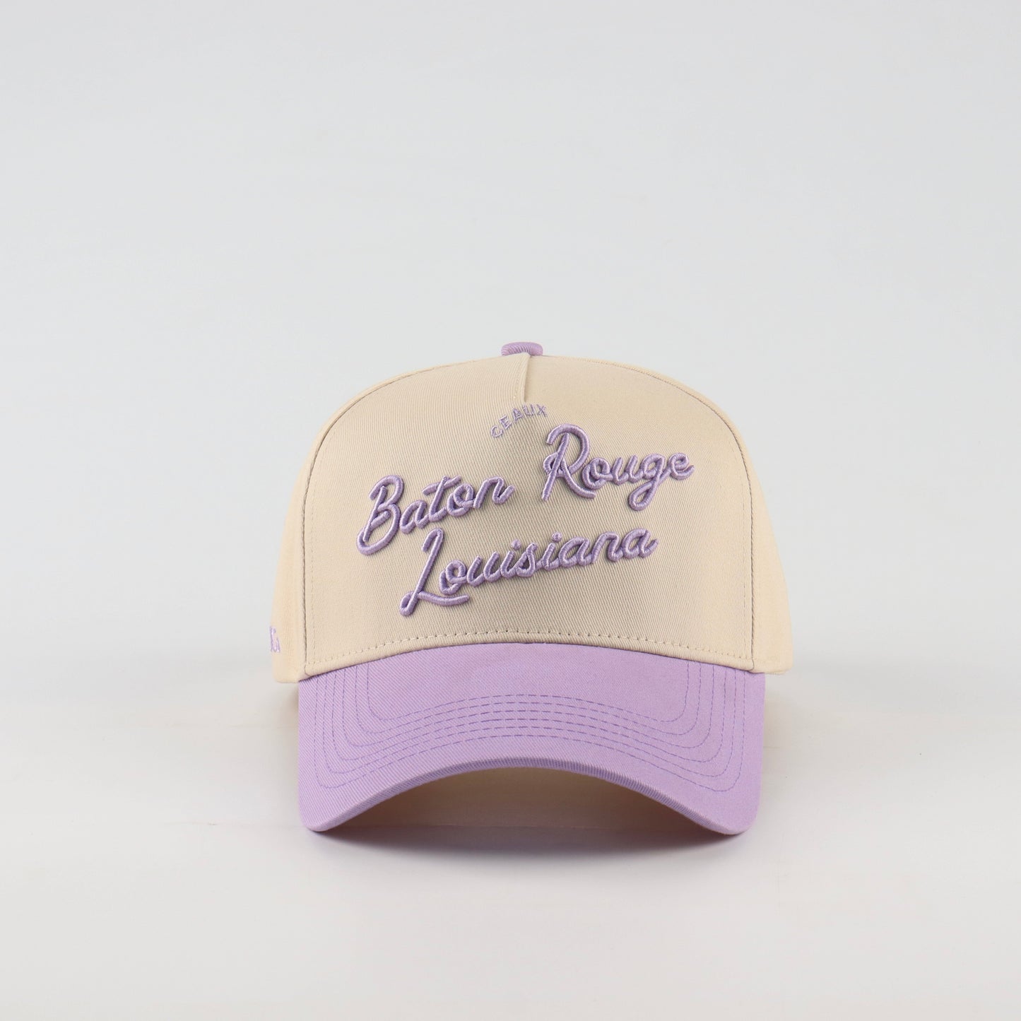 Script Hat Beige Purple Pre-Curved Trucker Hat Destination Hat Co.