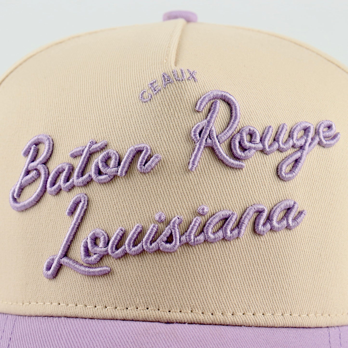 Script Hat Beige Purple Pre-Curved Trucker Hat Destination Hat Co.