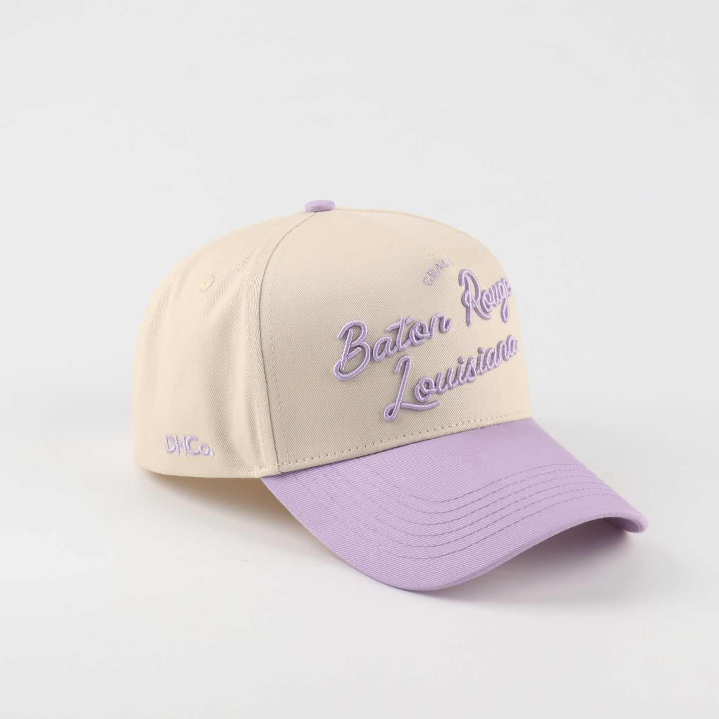 Script Hat Beige Purple Pre-Curved Trucker Hat Destination Hat Co.