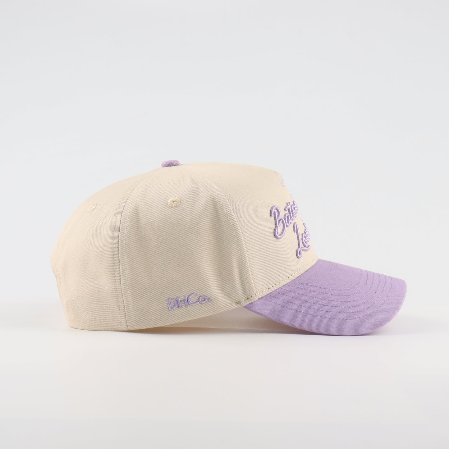 Script Hat Beige Purple Pre-Curved Trucker Hat Destination Hat Co.