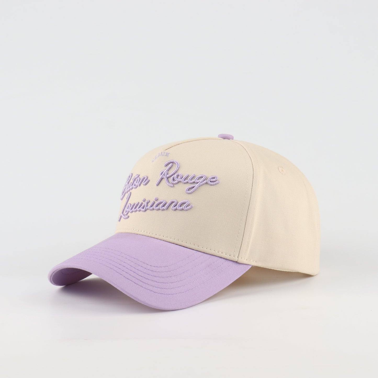 Script Hat Beige Purple Pre-Curved Trucker Hat Destination Hat Co.