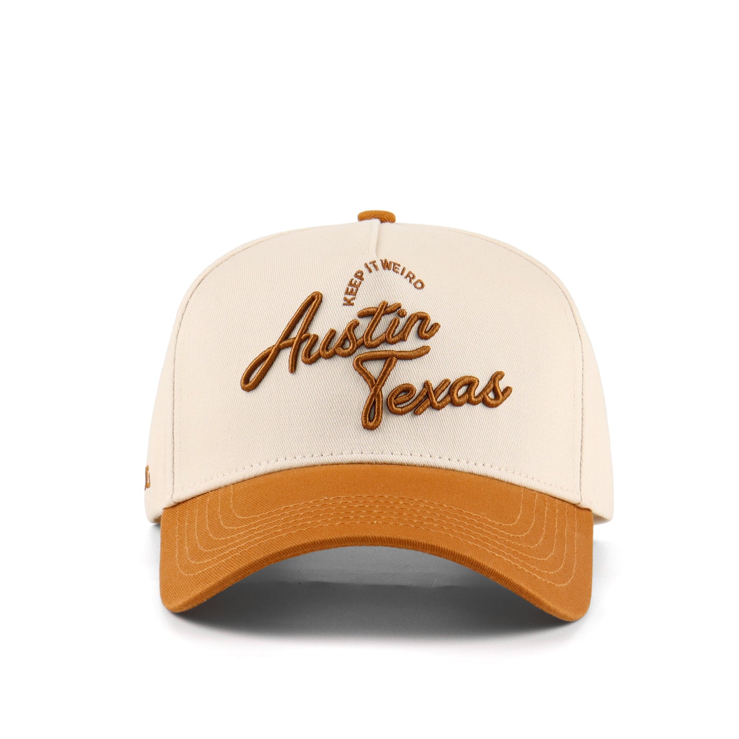 Script Hat Beige Orange Pre-curved Trucker Hat Destination Hat Co.