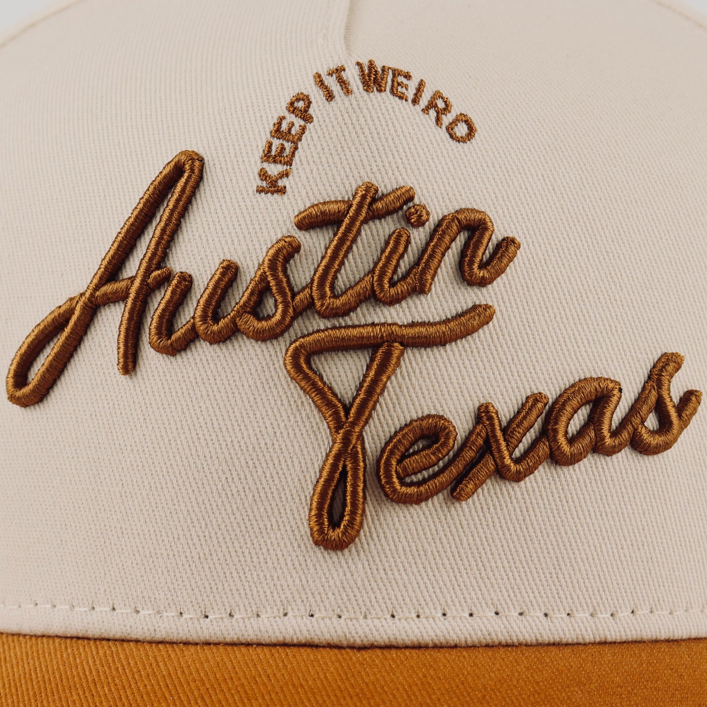 Script Hat Beige Orange Pre-curved Trucker Hat Destination Hat Co.