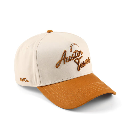 Script Hat Beige Orange Pre-curved Trucker Hat Destination Hat Co.