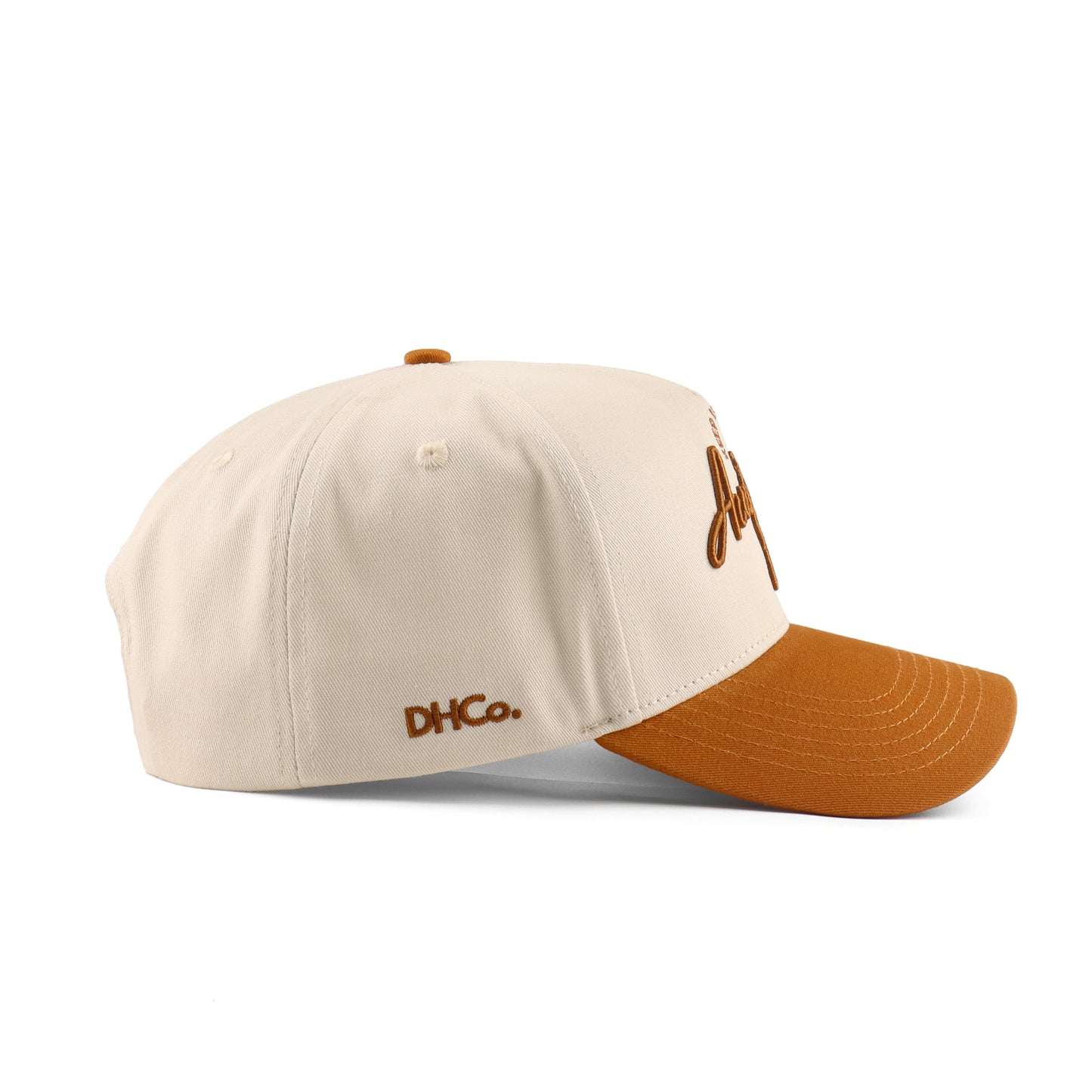 Script Hat Beige Orange Pre-curved Trucker Hat Destination Hat Co.