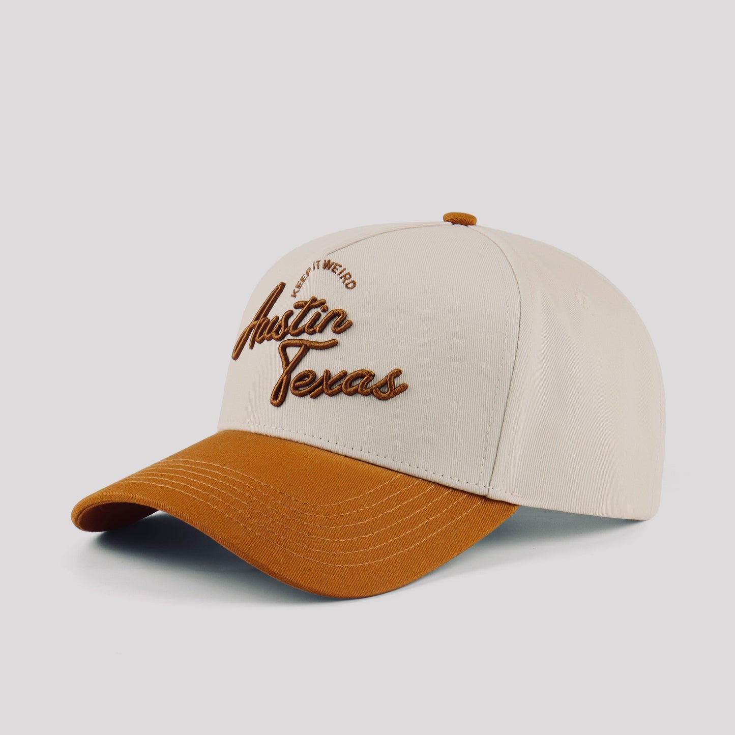 Script Hat Beige Orange Pre-curved Trucker Hat Destination Hat Co.