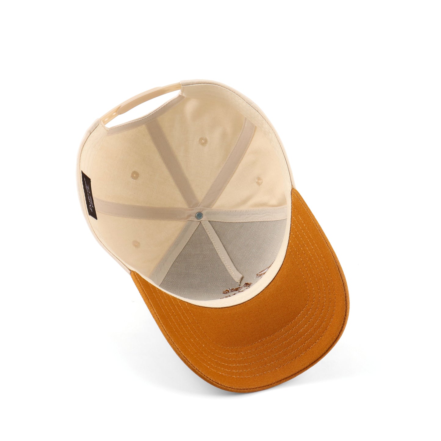 Script Hat Beige Orange Pre-curved Trucker Hat Destination Hat Co.