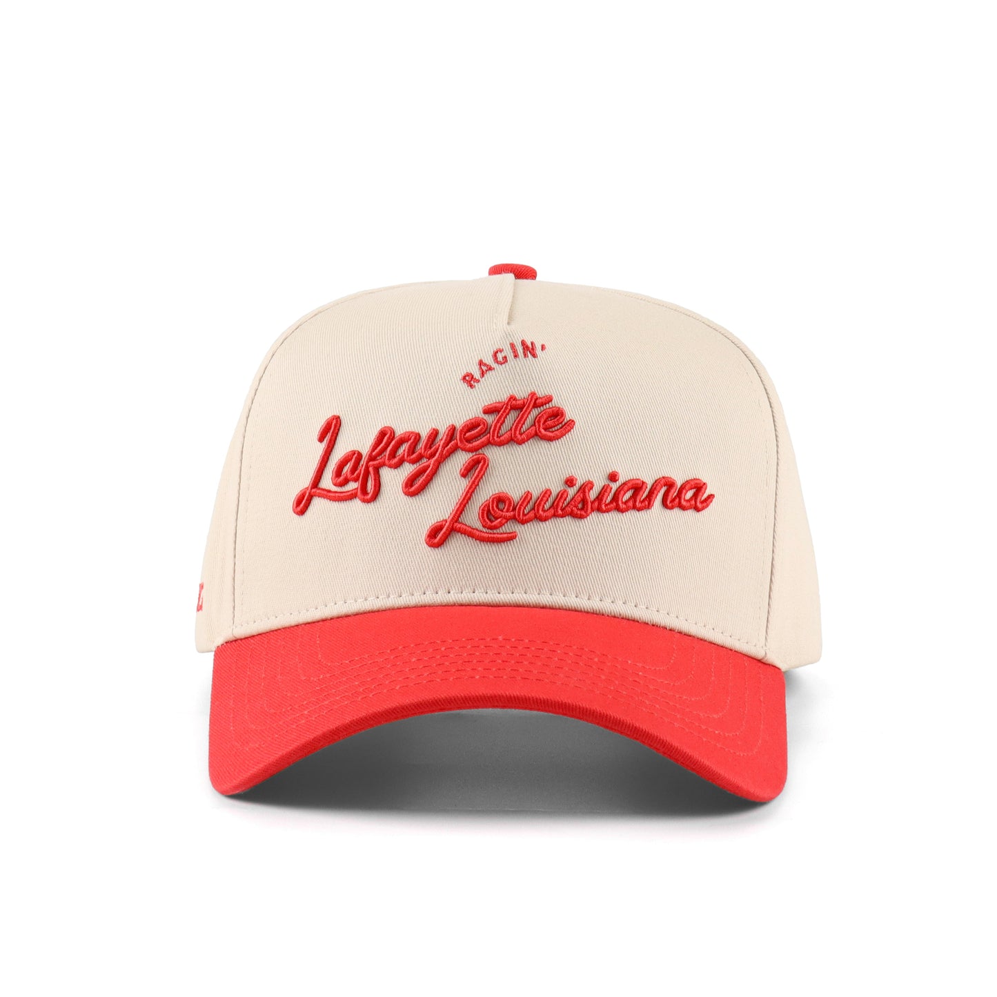 Script Lafayete Beige and Red Pre-curved Trucker Hat Destination Hat Co.
