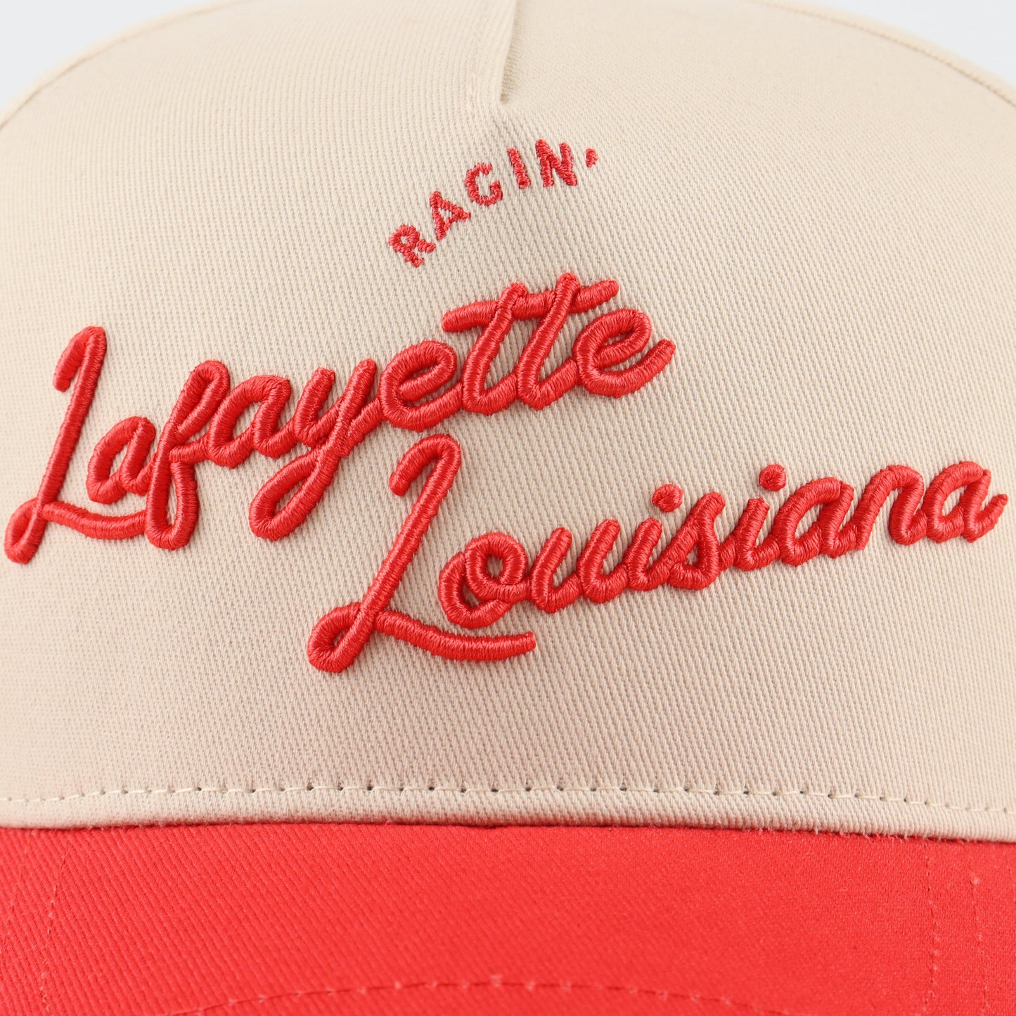 Script Lafayete Beige and Red Pre-curved Trucker Hat Destination Hat Co.