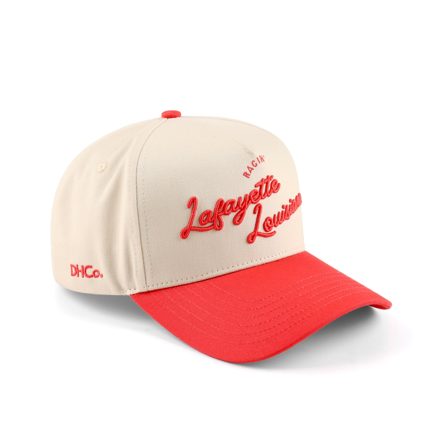 Script Lafayete Beige and Red Pre-curved Trucker Hat Destination Hat Co.