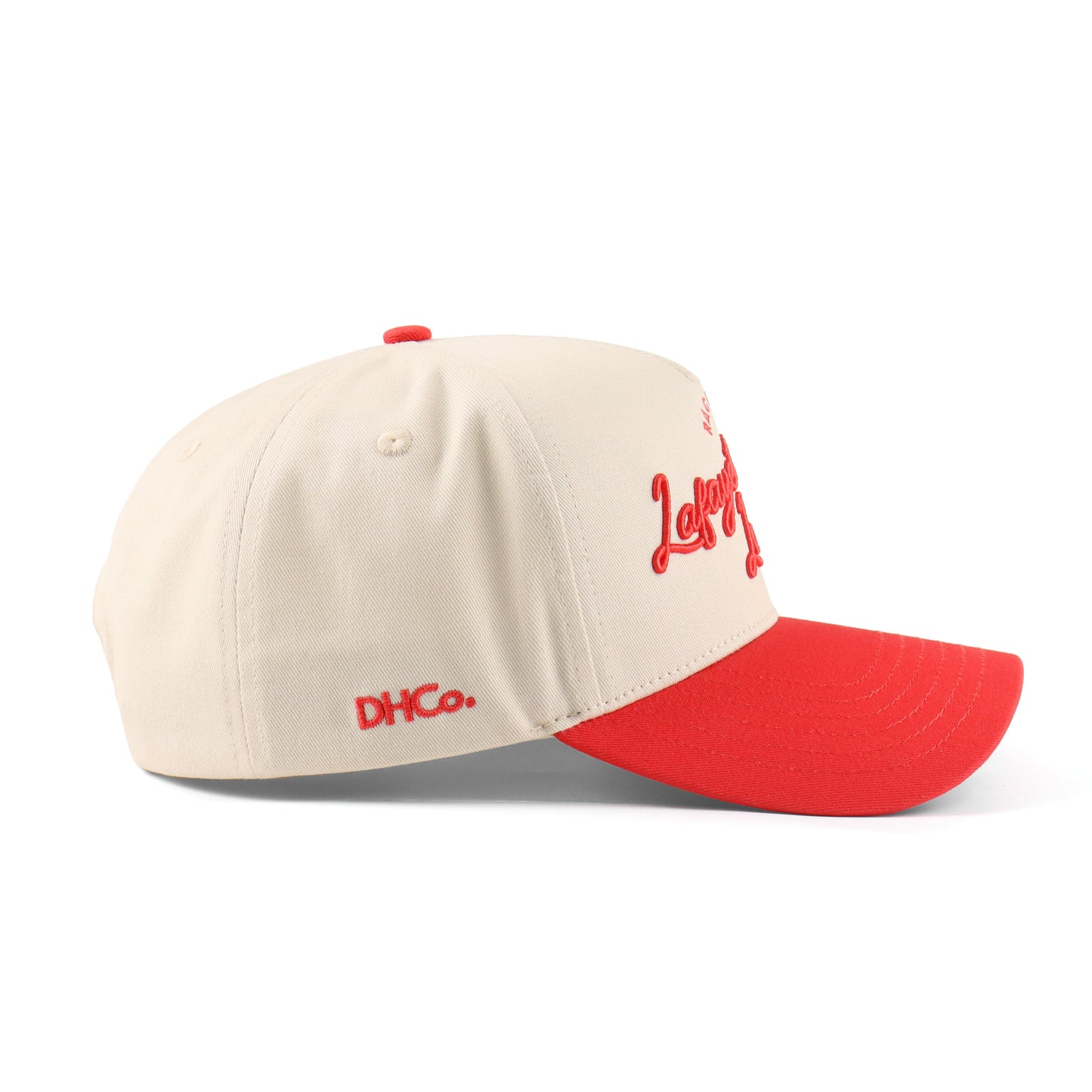 Script Lafayete Beige and Red Pre-curved Trucker Hat Destination Hat Co.