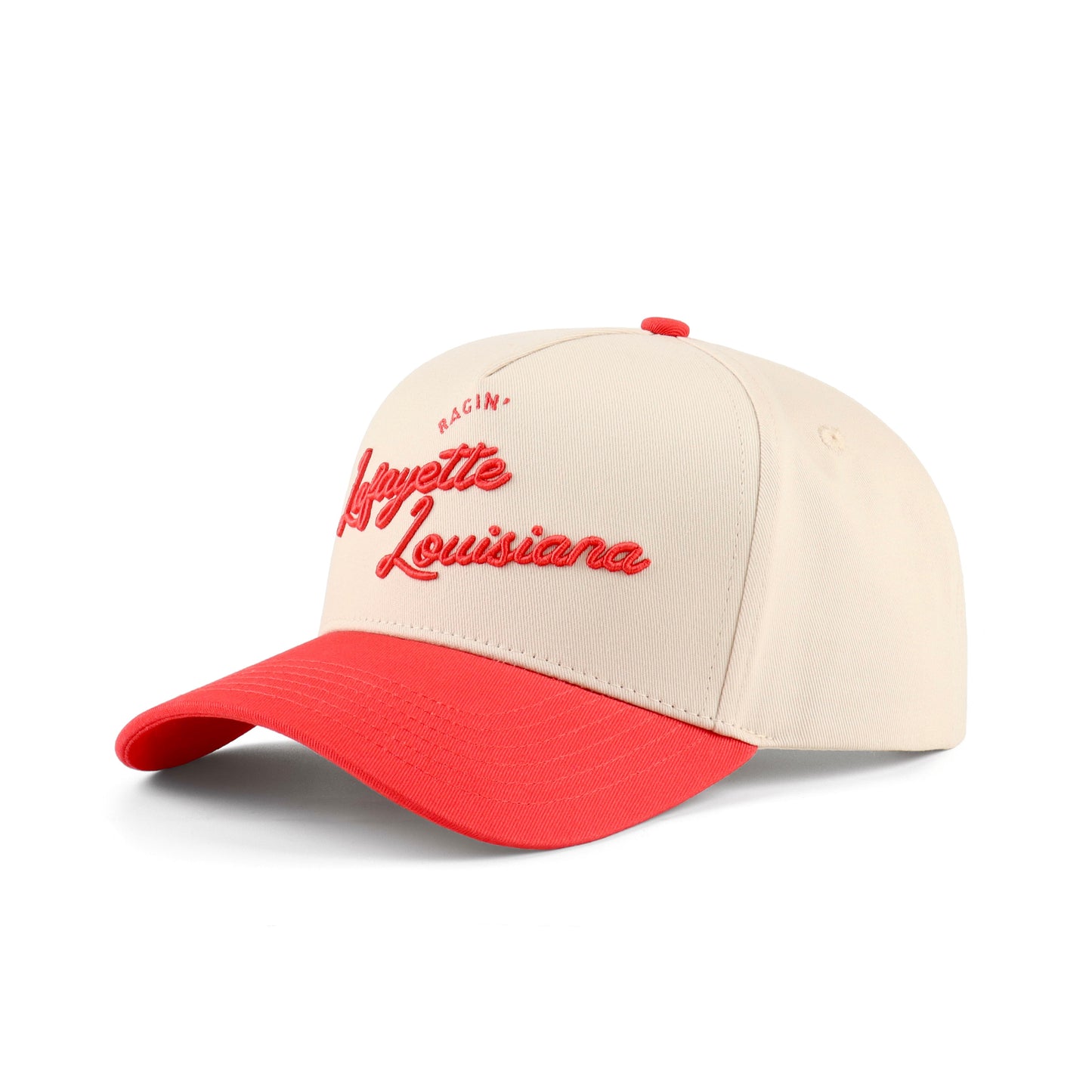 Script Lafayete Beige and Red Pre-curved Trucker Hat Destination Hat Co.
