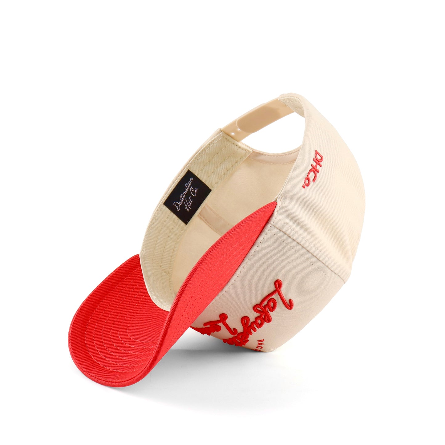 Script Lafayete Beige and Red Pre-curved Trucker Hat Destination Hat Co.
