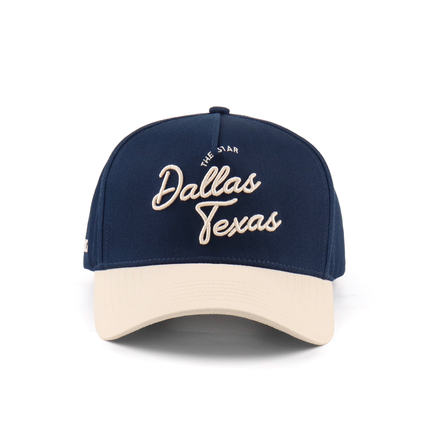 Script Hat Beige and Navy Pre-curved Trucker Hat Destination Hat Co.