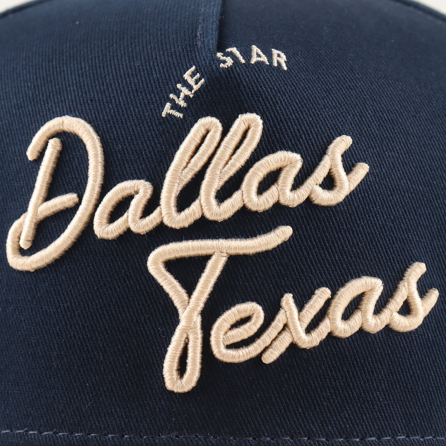 Script Hat Beige and Navy Pre-curved Trucker Hat Destination Hat Co.