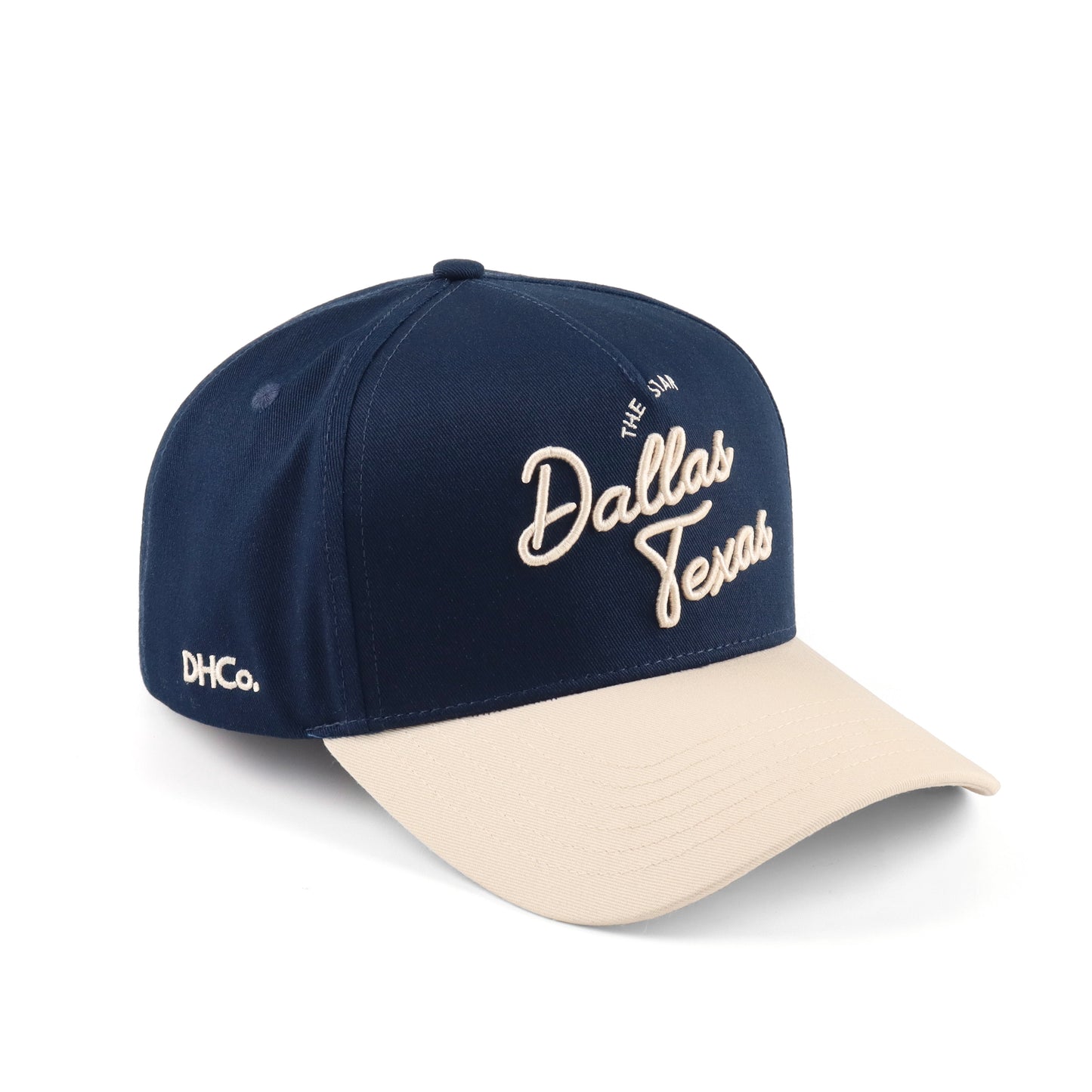 Script Hat Beige and Navy Pre-curved Trucker Hat Destination Hat Co.