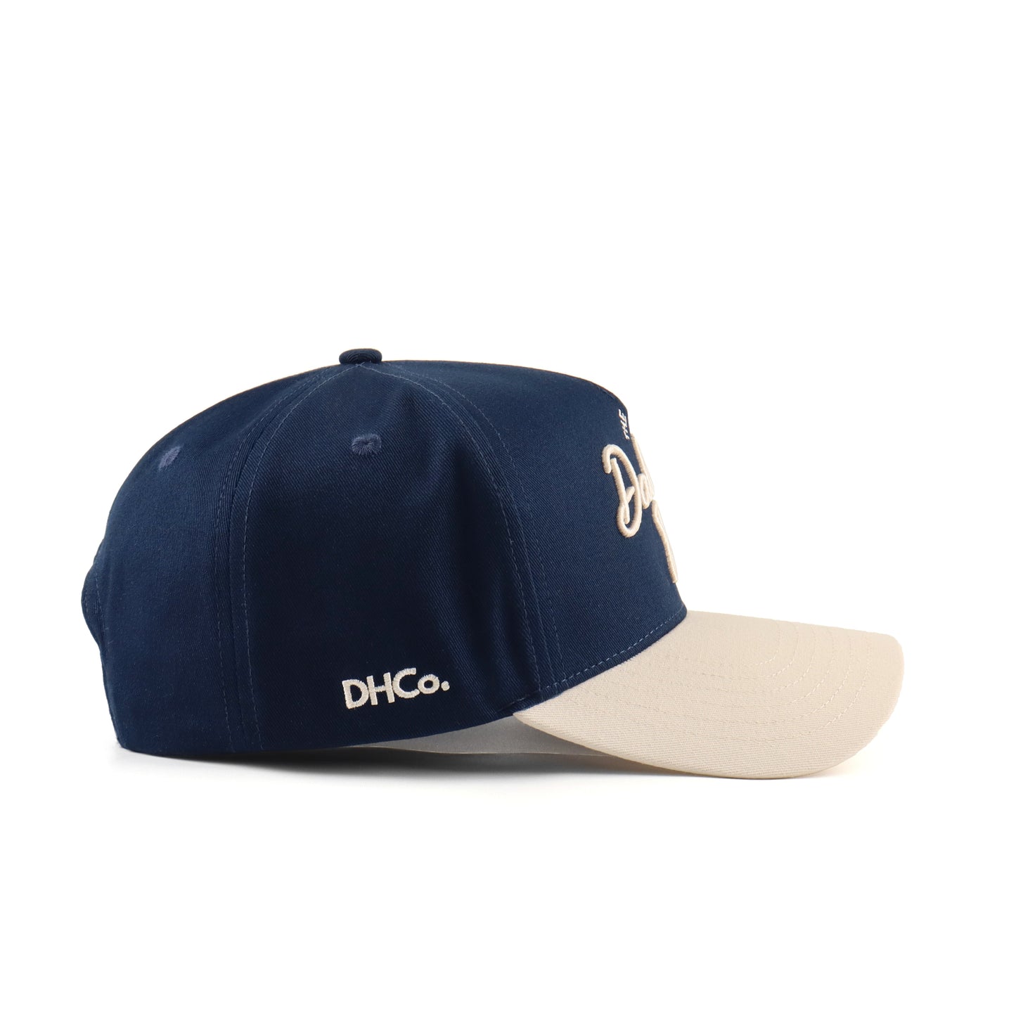 Script Hat Beige and Navy Pre-curved Trucker Hat Destination Hat Co.