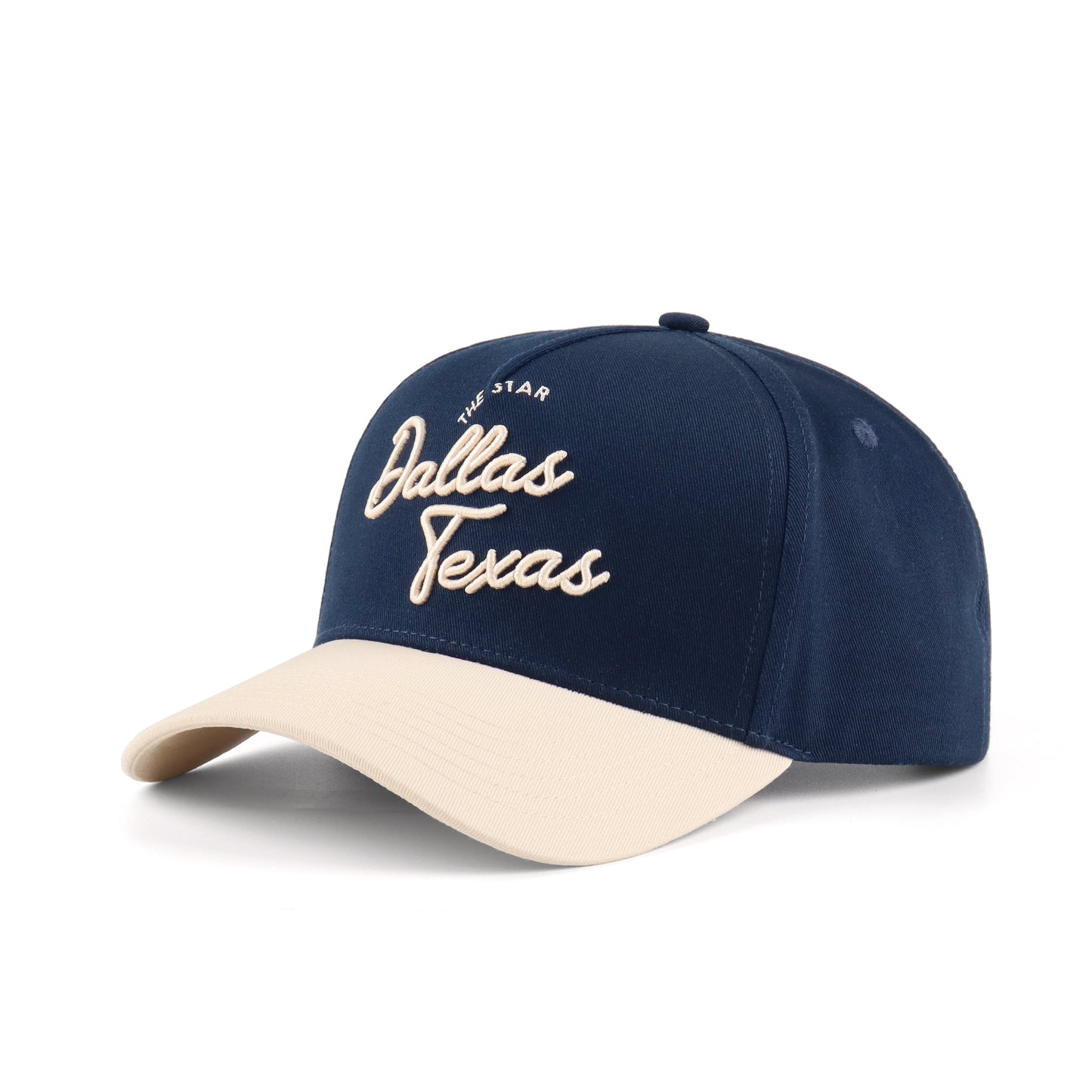 Script Hat Beige and Navy Pre-curved Trucker Hat Destination Hat Co.