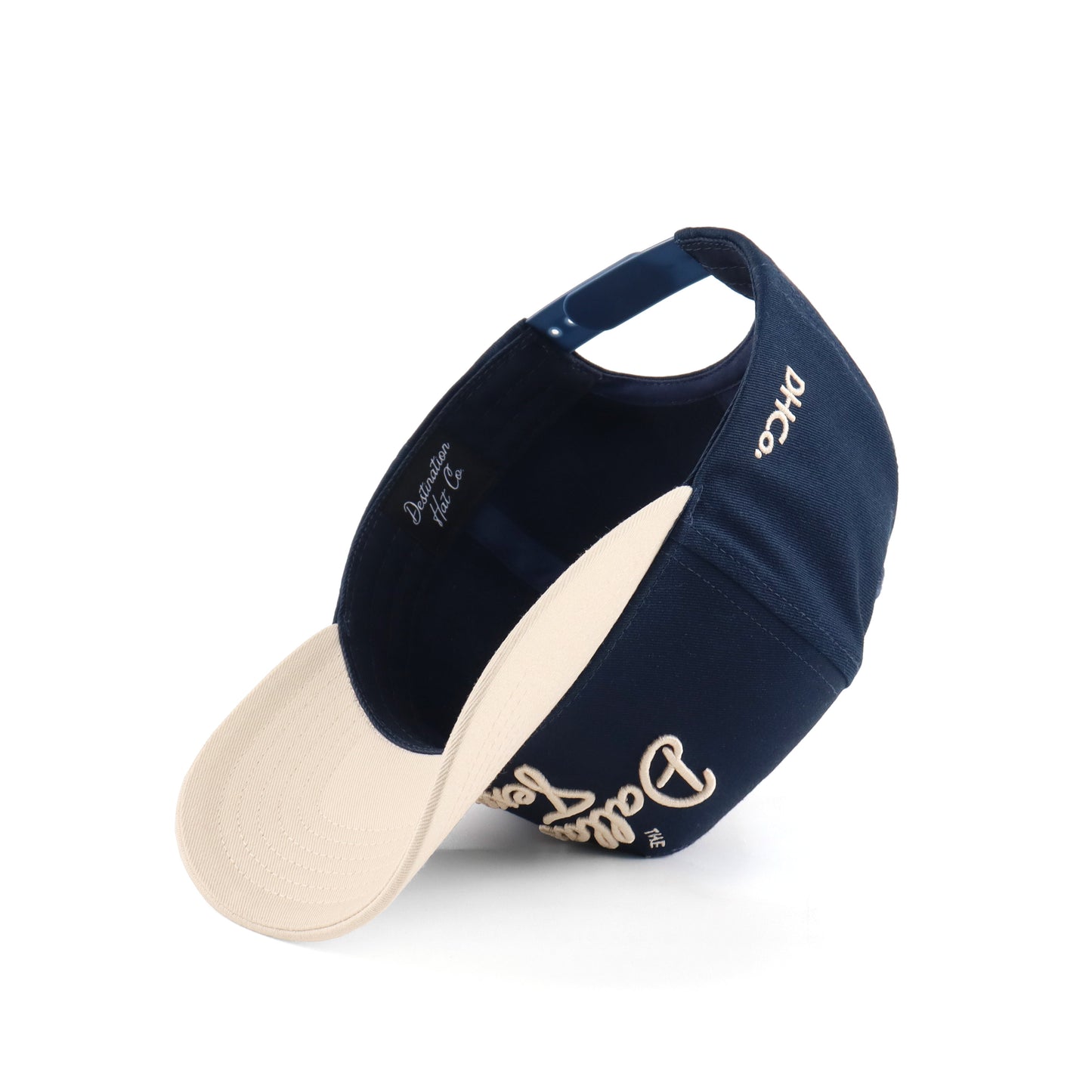Script Hat Beige and Navy Pre-curved Trucker Hat Destination Hat Co.