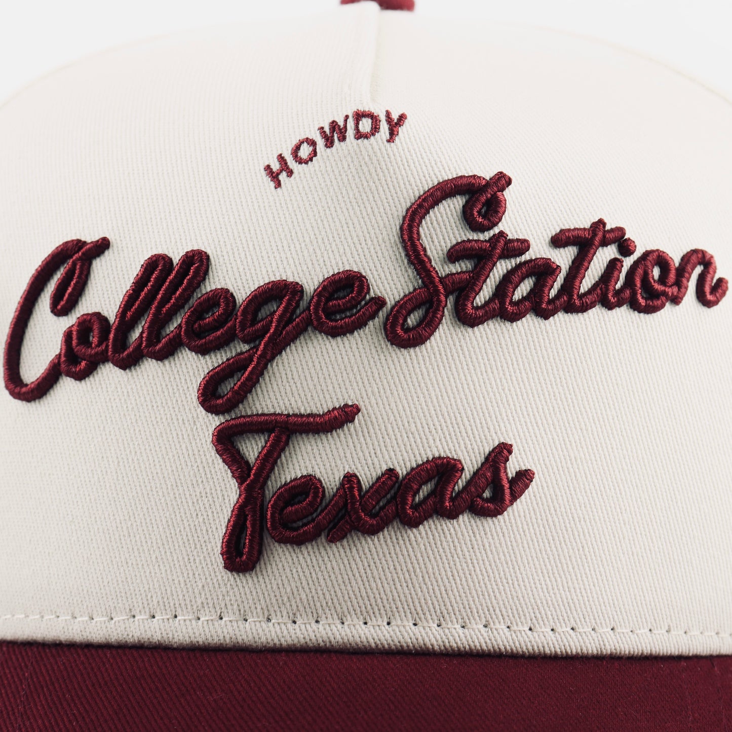 College Station Script Beige Maroon Pre-curved Trucker Hat Destination Hat Co.