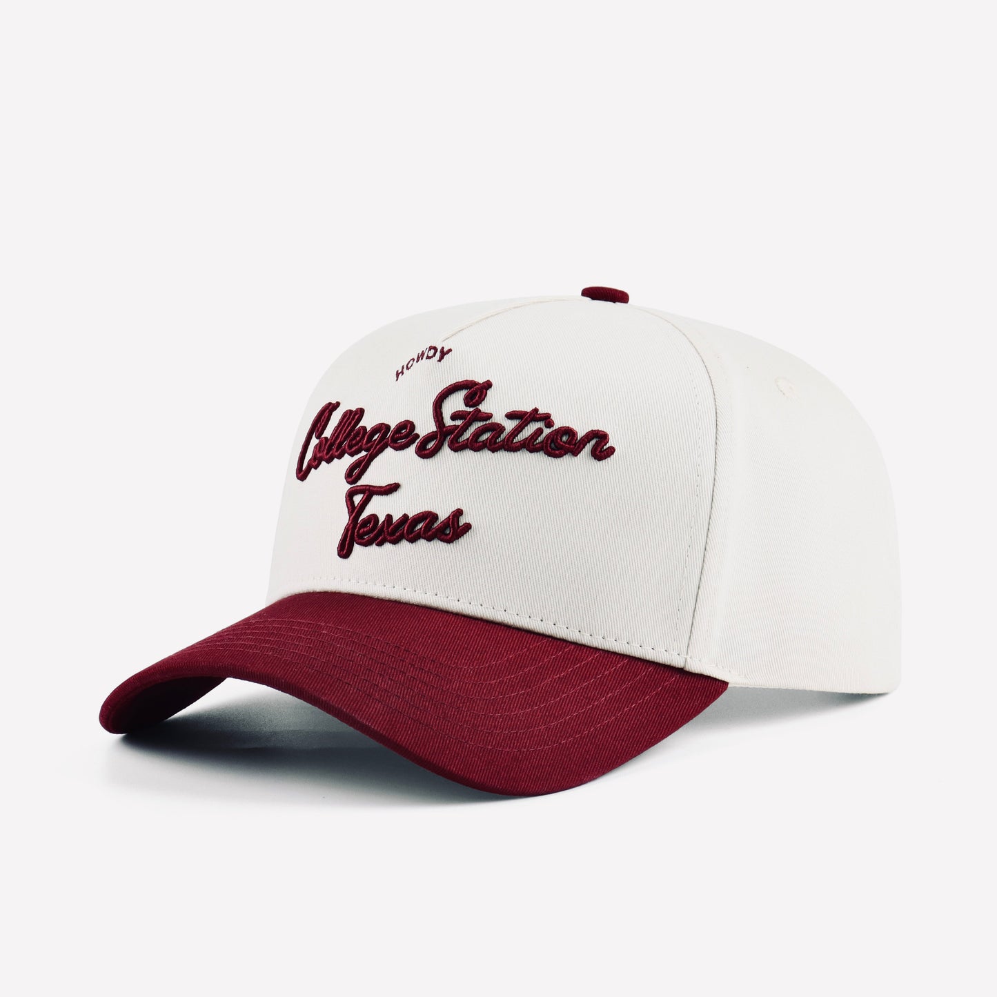 College Station Script Beige Maroon Pre-curved Trucker Hat Destination Hat Co.