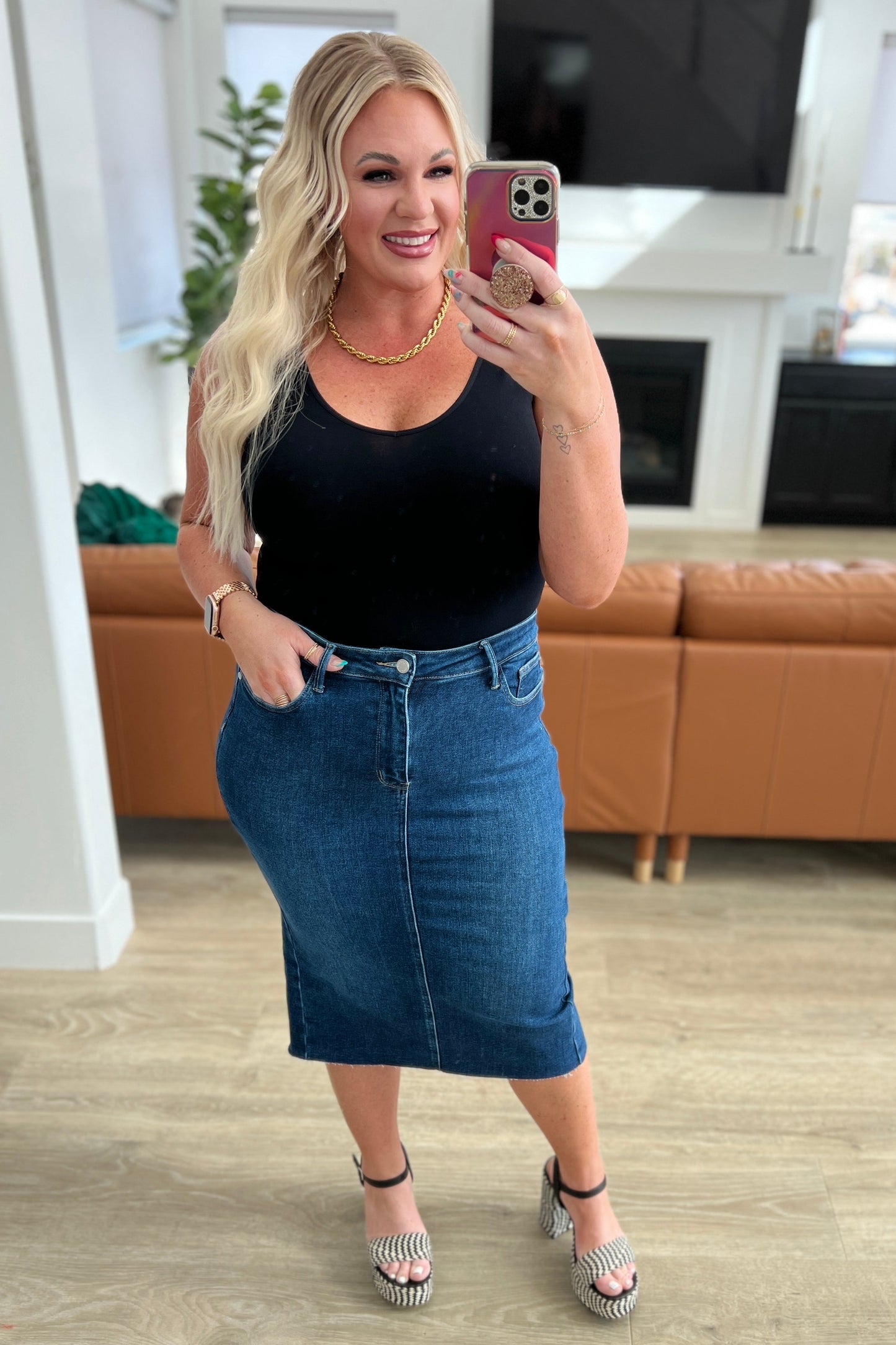 High Rise Dark Wash Denim Midi Skirt Marcy