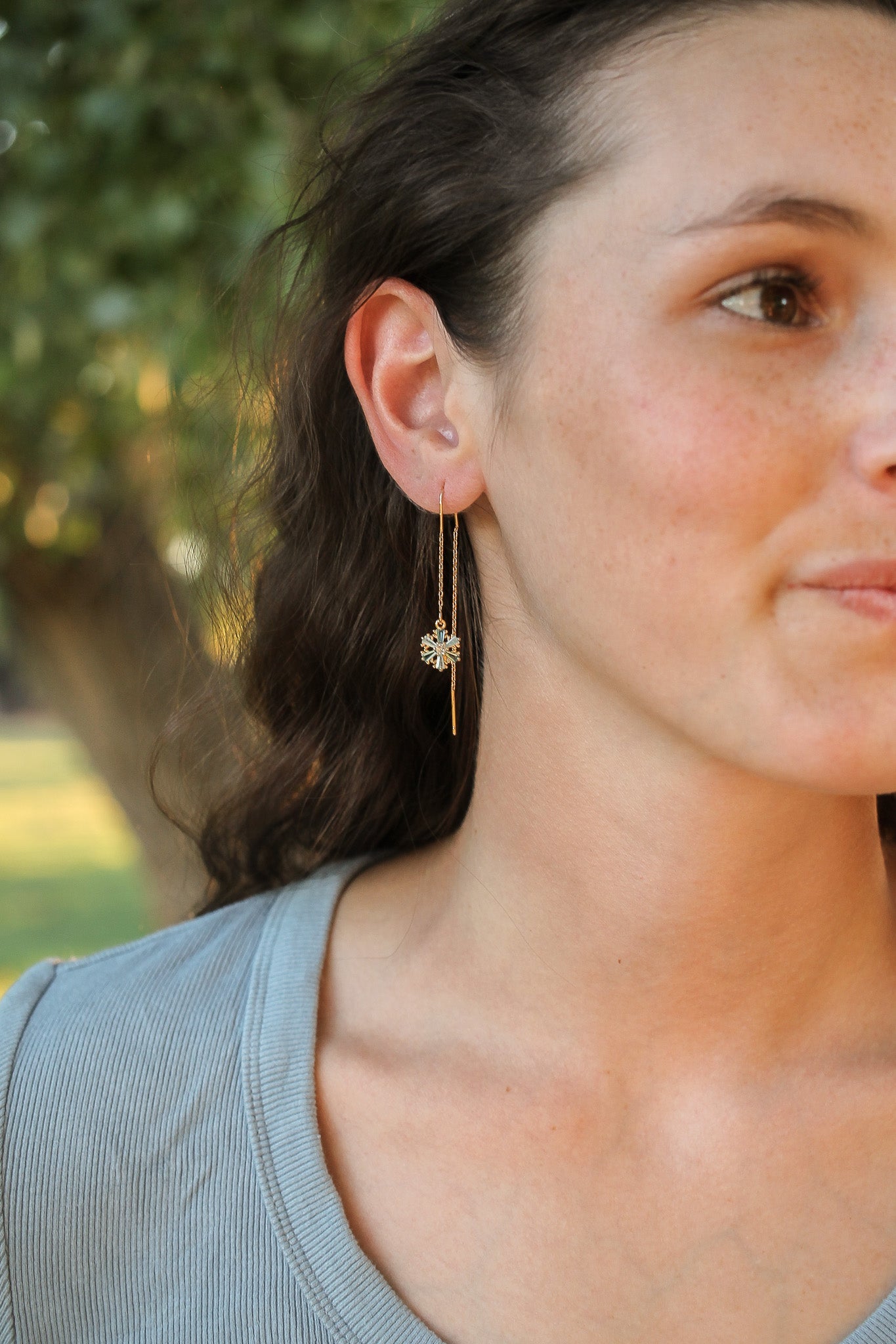 Blue Cubic Zirconia Snowflake Threader Earrings 18k Gold Plated Brass