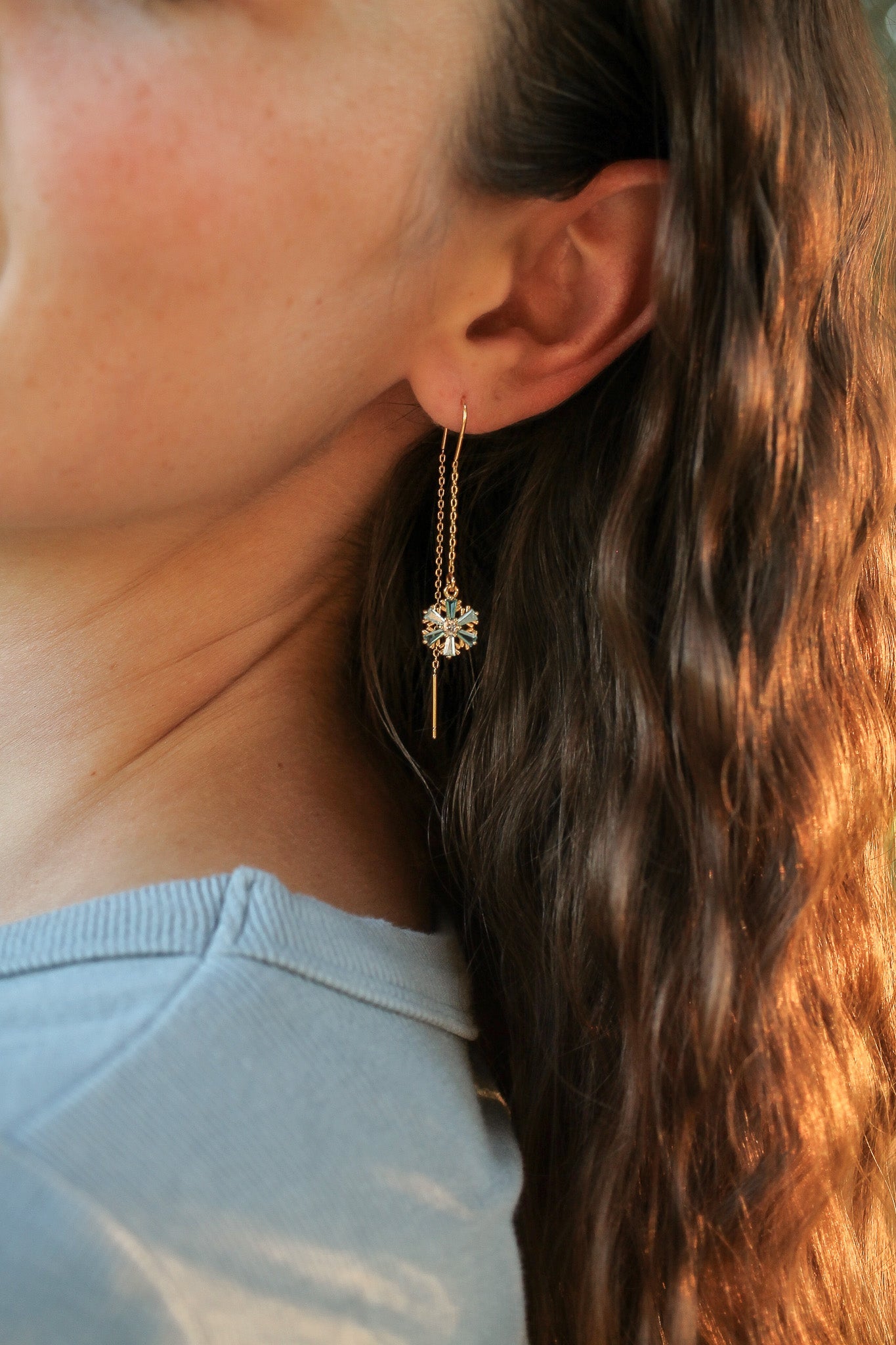 Blue Cubic Zirconia Snowflake Threader Earrings 18k Gold Plated Brass