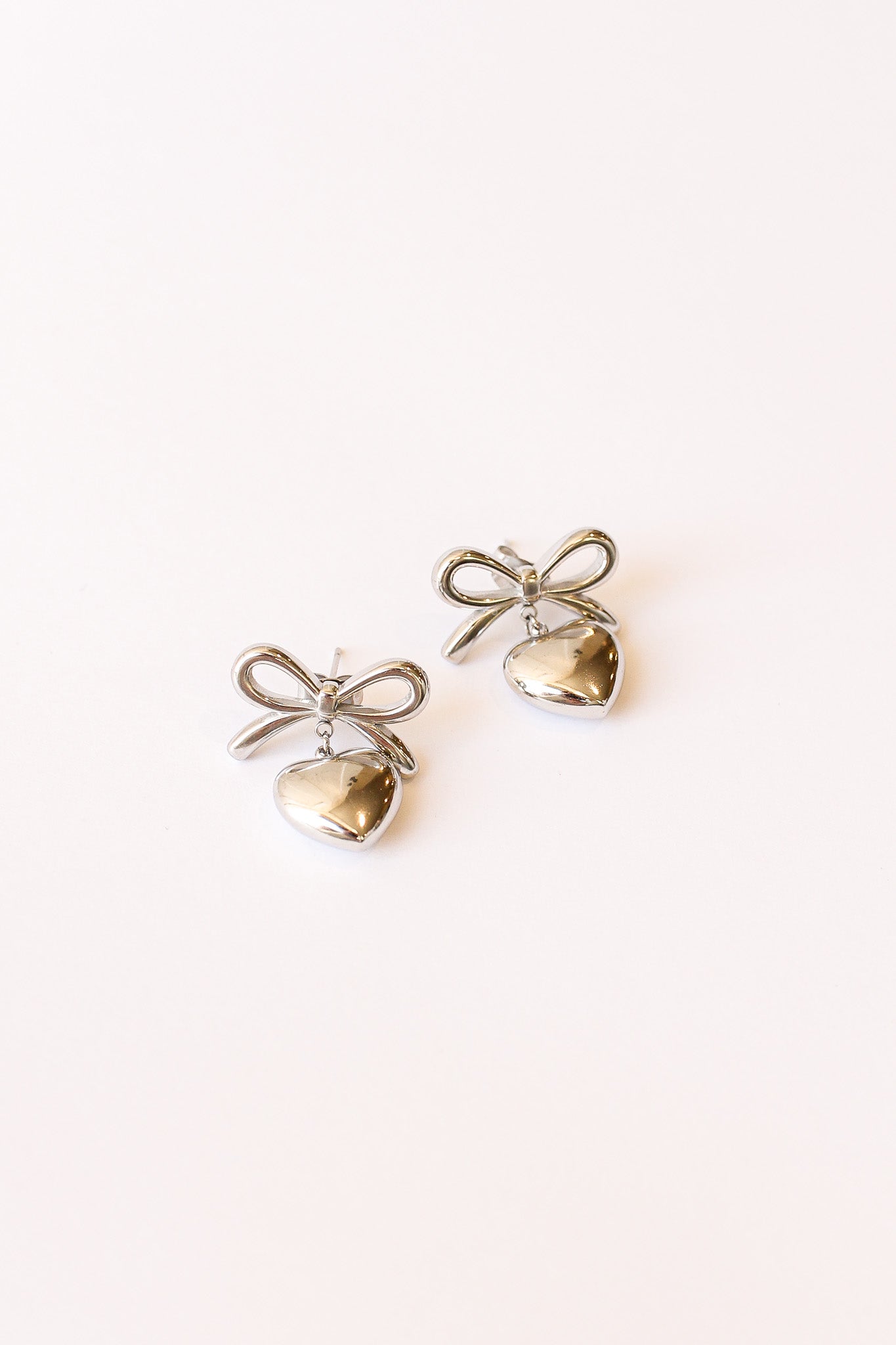 Eloise Bow Stud Earring with Heart Dangle Stainless Steel