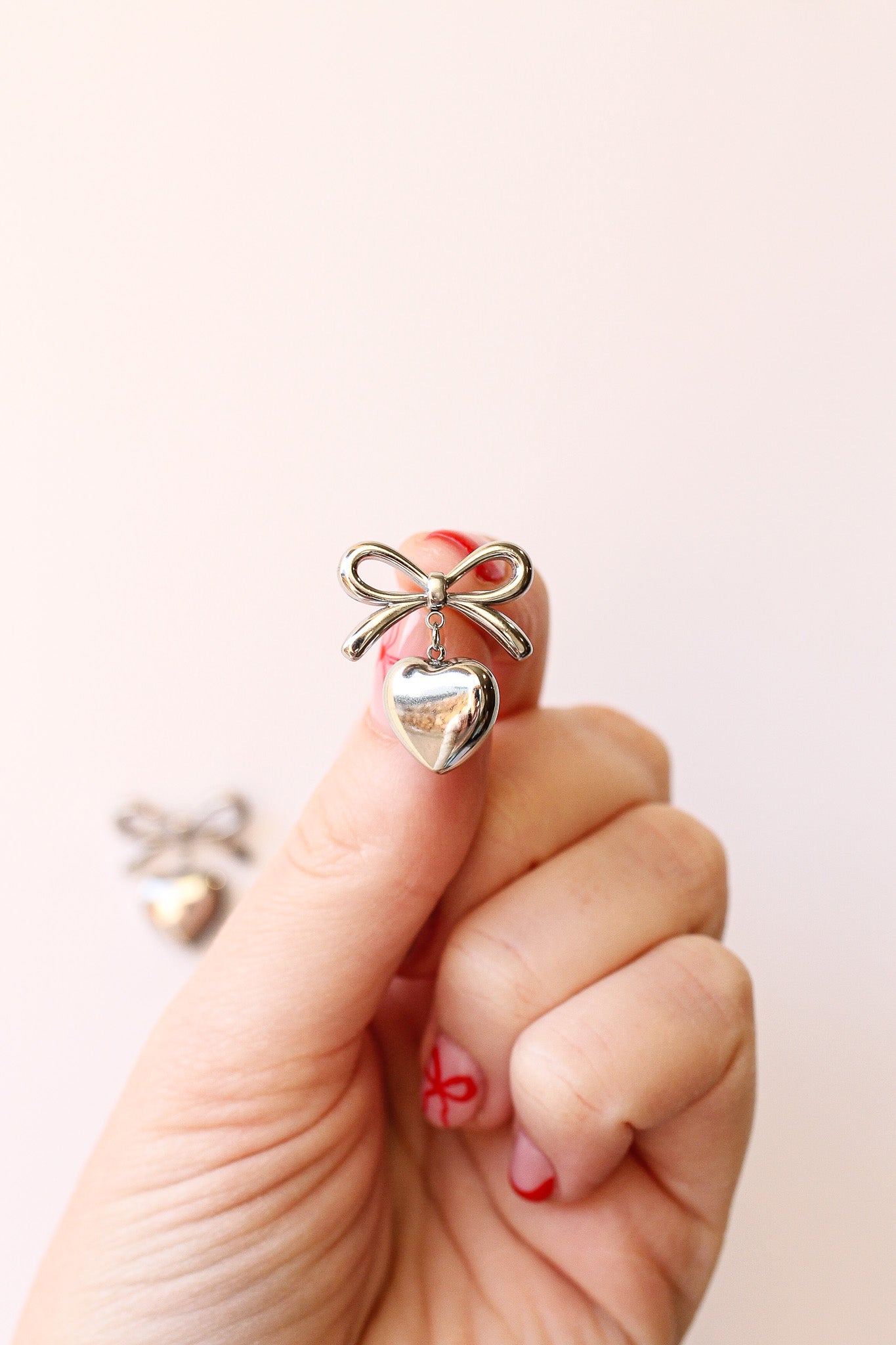 Eloise Bow Stud Earring with Heart Dangle Stainless Steel