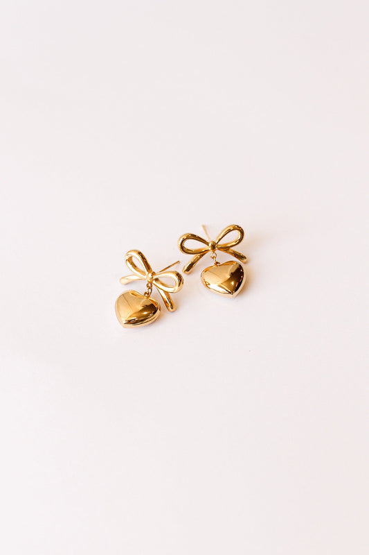Eloise Bow Stud Earring with Heart Dangle Stainless Steel