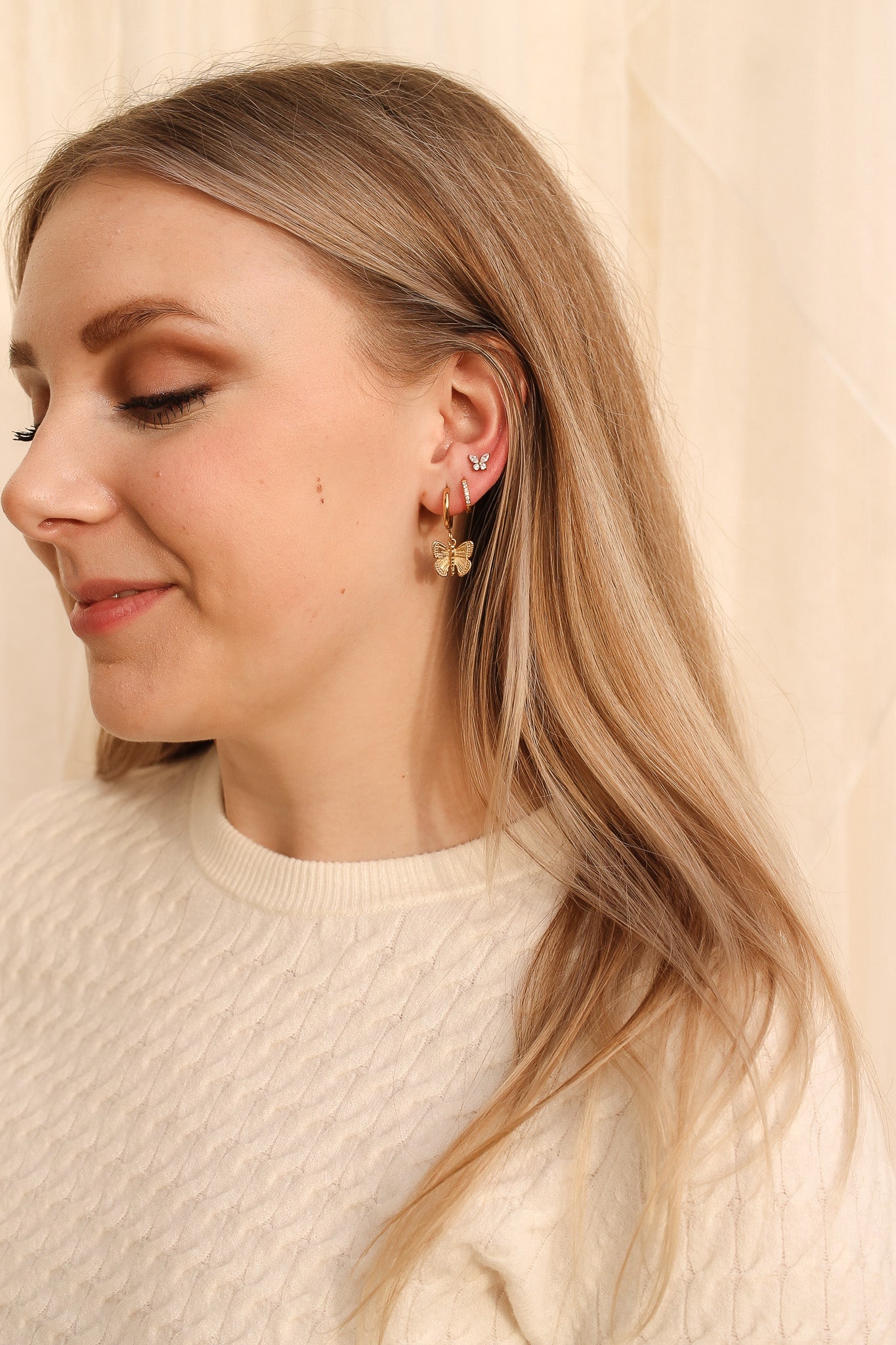 Butterfly Charm 14mm Huggie Hoop Earrings Stainless Steel Rose & Clay
