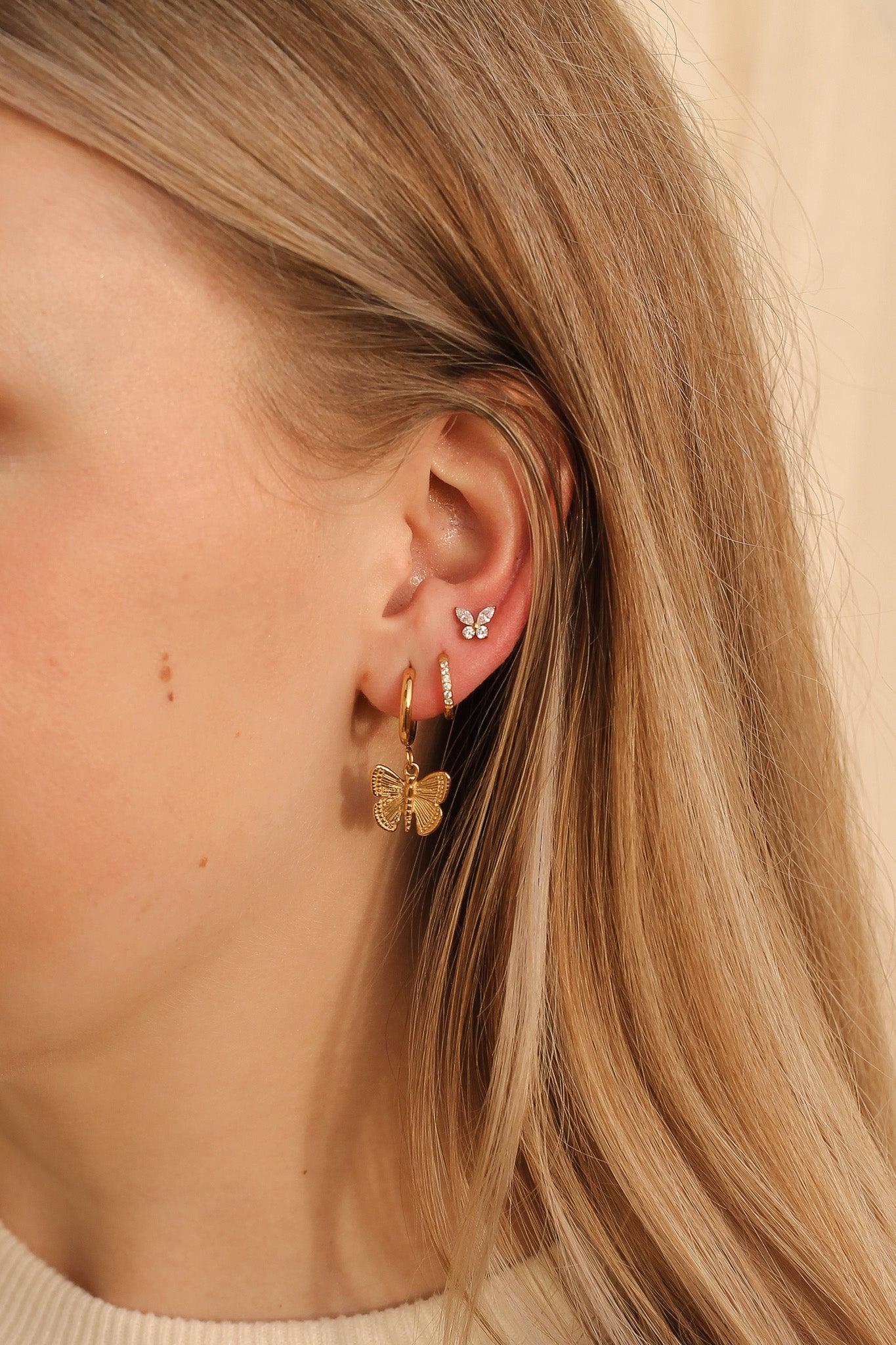 Butterfly Charm 14mm Huggie Hoop Earrings Stainless Steel Rose & Clay