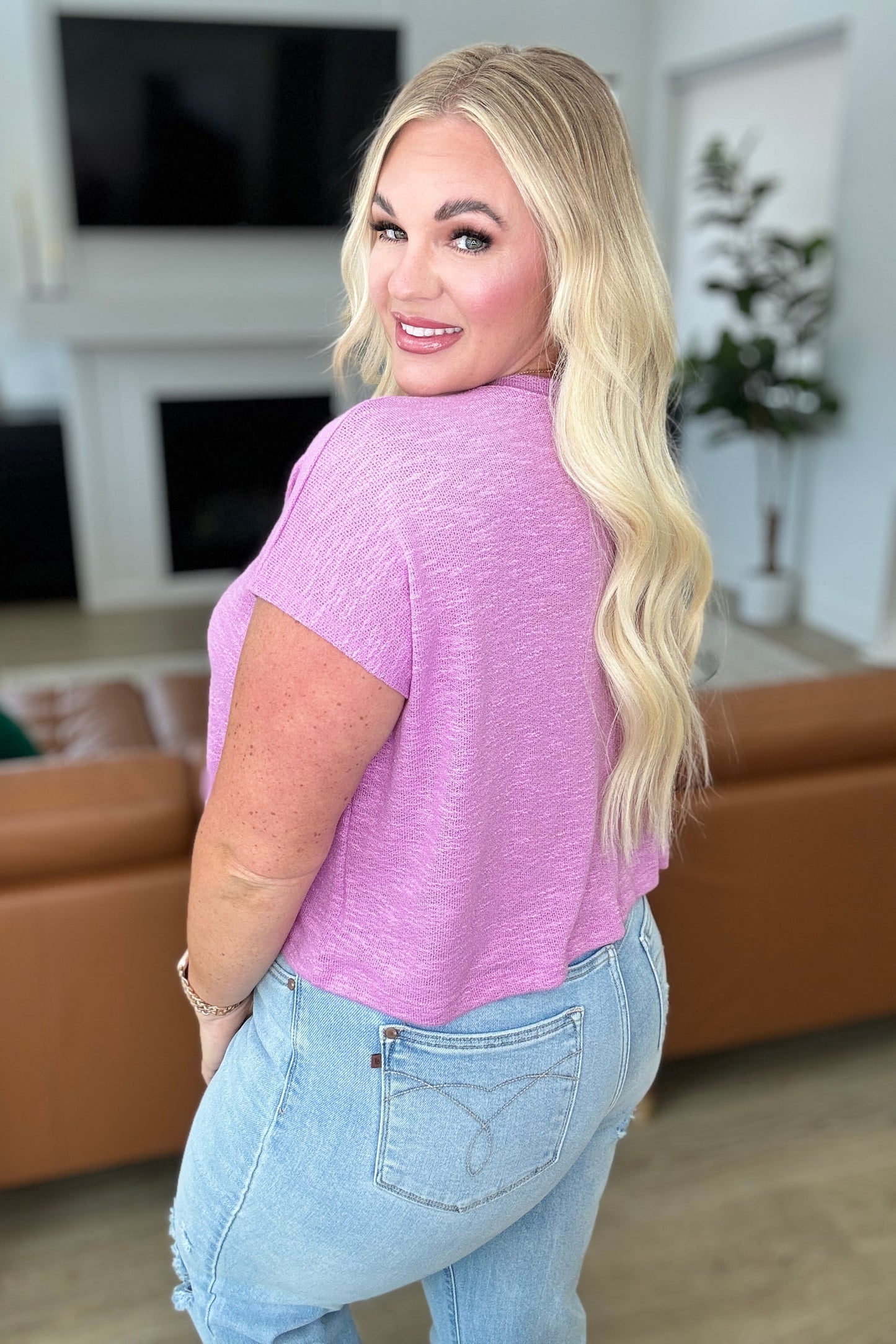 Classic Comfort V-Neck Lightweight Jersey Knit Top in Mauve