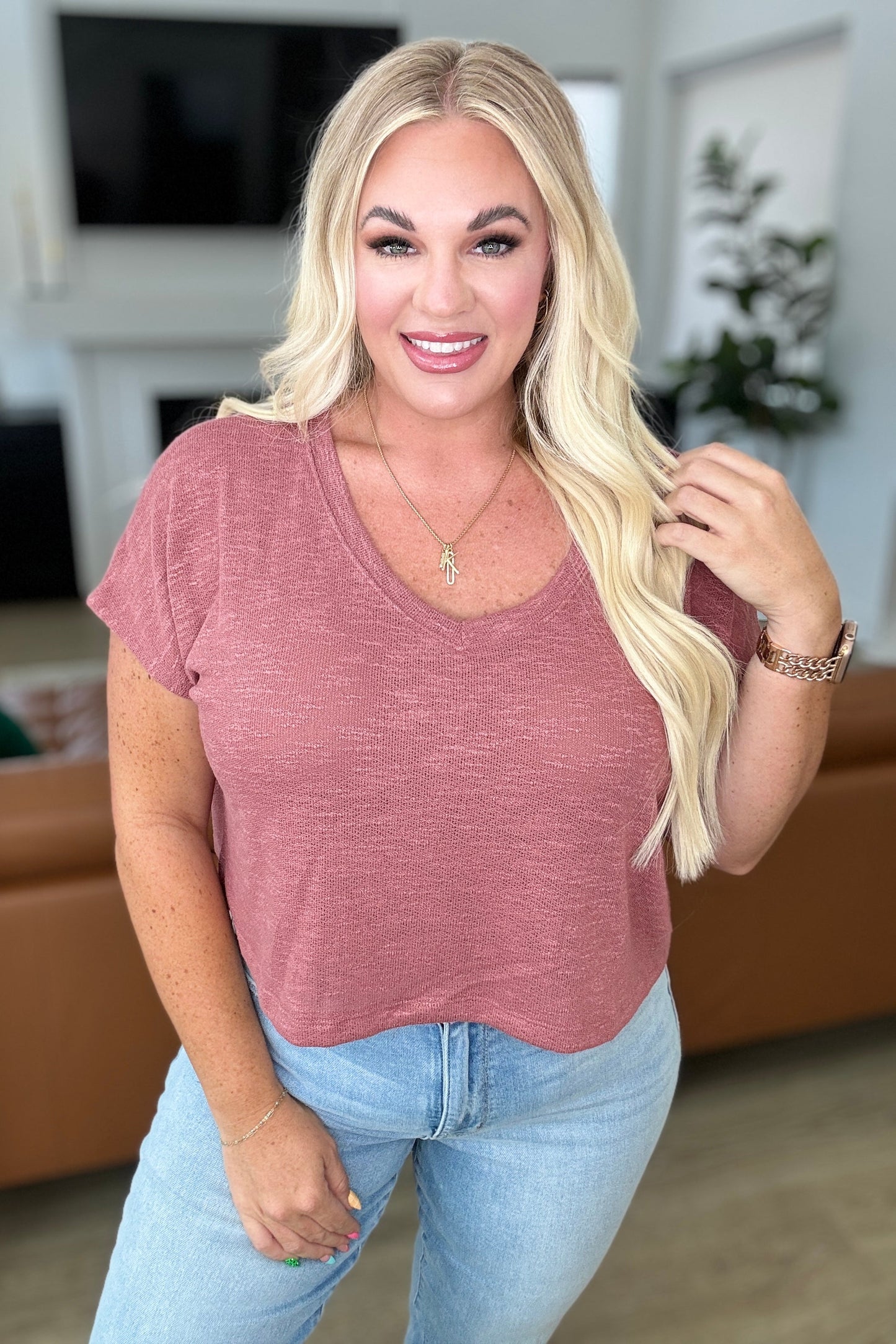 Classic Comfort V-Neck Lightweight Jersey Top Winter Rose