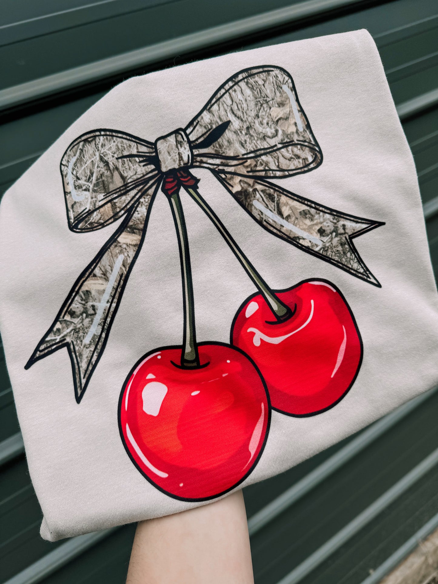 Camo cherries key attribute tee or sweatshirt Gunpowder and Lace Boutique Nac