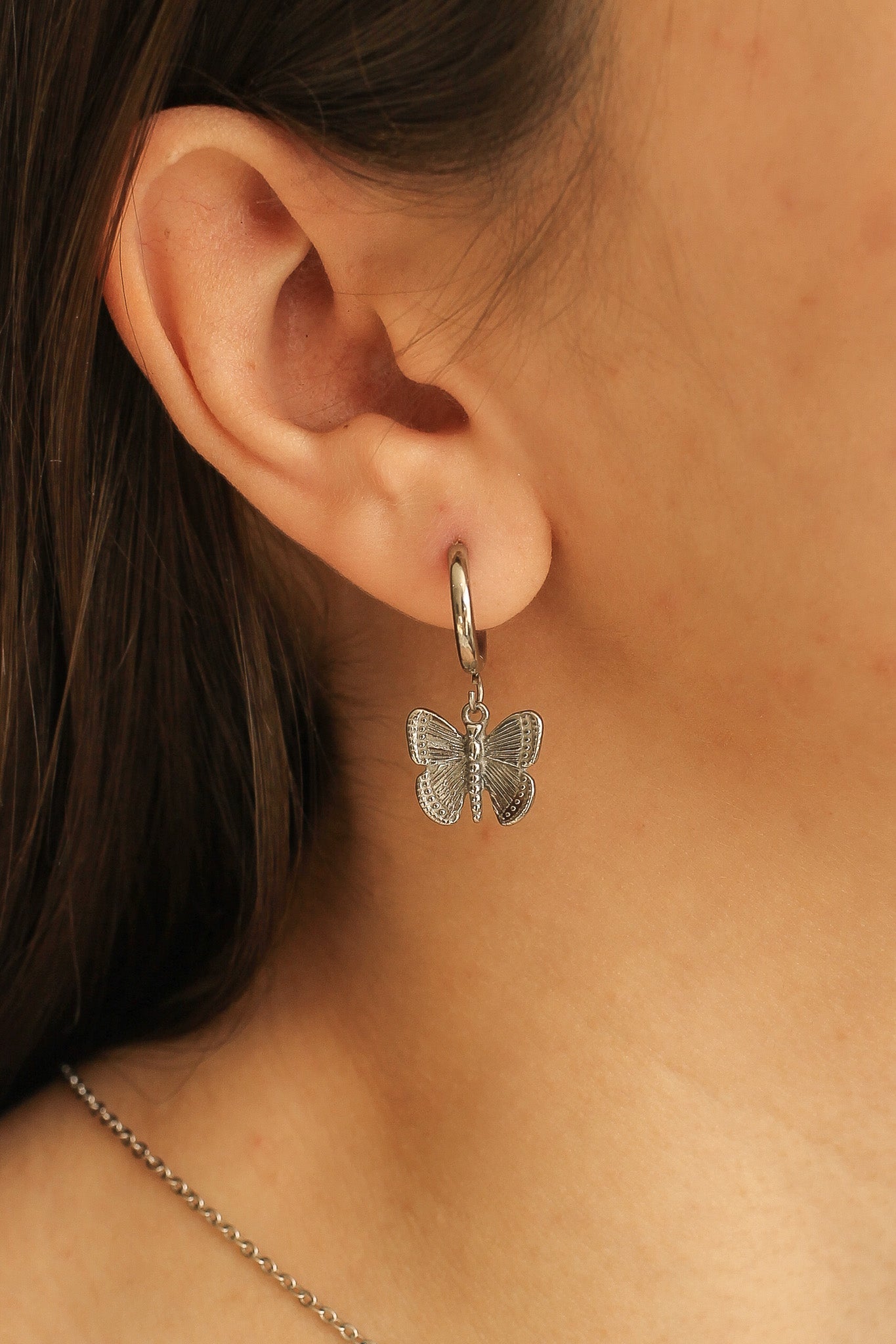 Butterfly Charm 14mm Huggie Hoop Earrings Stainless Steel Rose & Clay