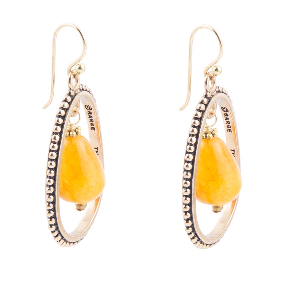 Inline Orange Jade Drop Golden Earrings Semi-Oval Brass Design Barse Jewelry