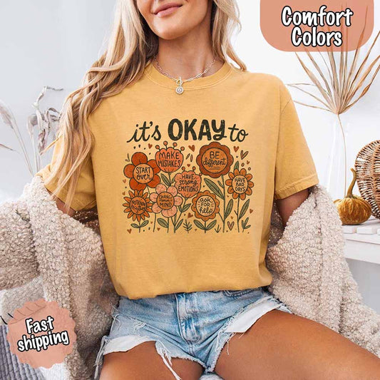 It’s Okay Boho Floral Comfort Colors Tee – Vintage Wildflower Shirt for Women