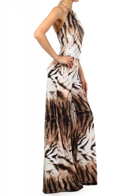 Women's Ladies Tie Dye Animal Striped Full Length Brown Jumpsuit With A Wide Leg