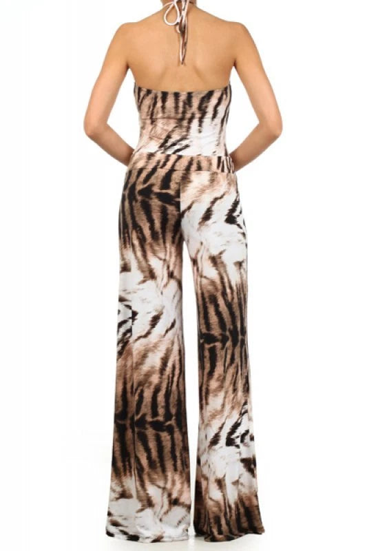 Women's Ladies Tie Dye Animal Striped Full Length Brown Jumpsuit With A Wide Leg