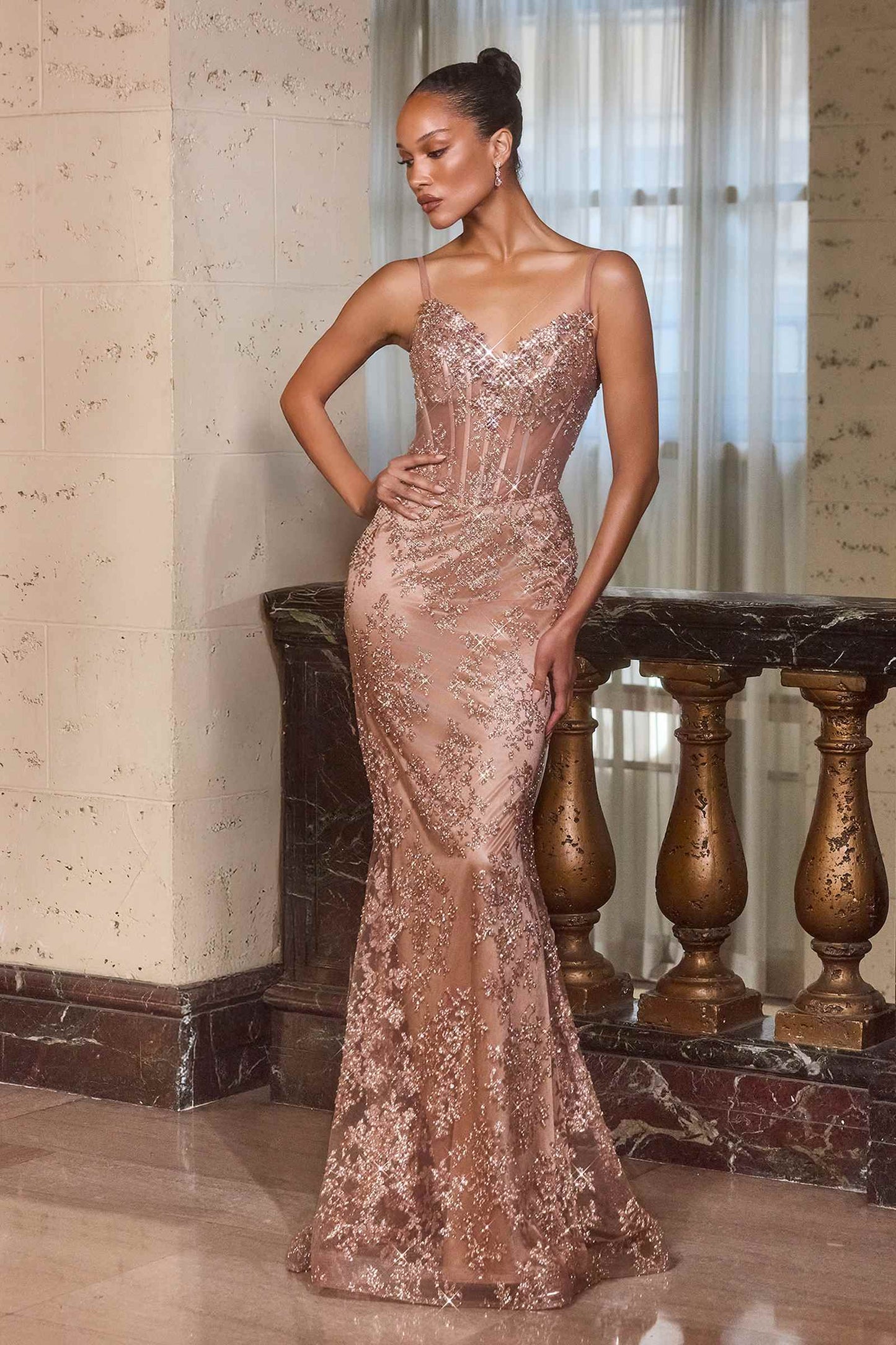 CLEARANCE - Ladivine J889 Hand Placed Applique Shimmering Sequin Fitted Gown (Size 10, 14)