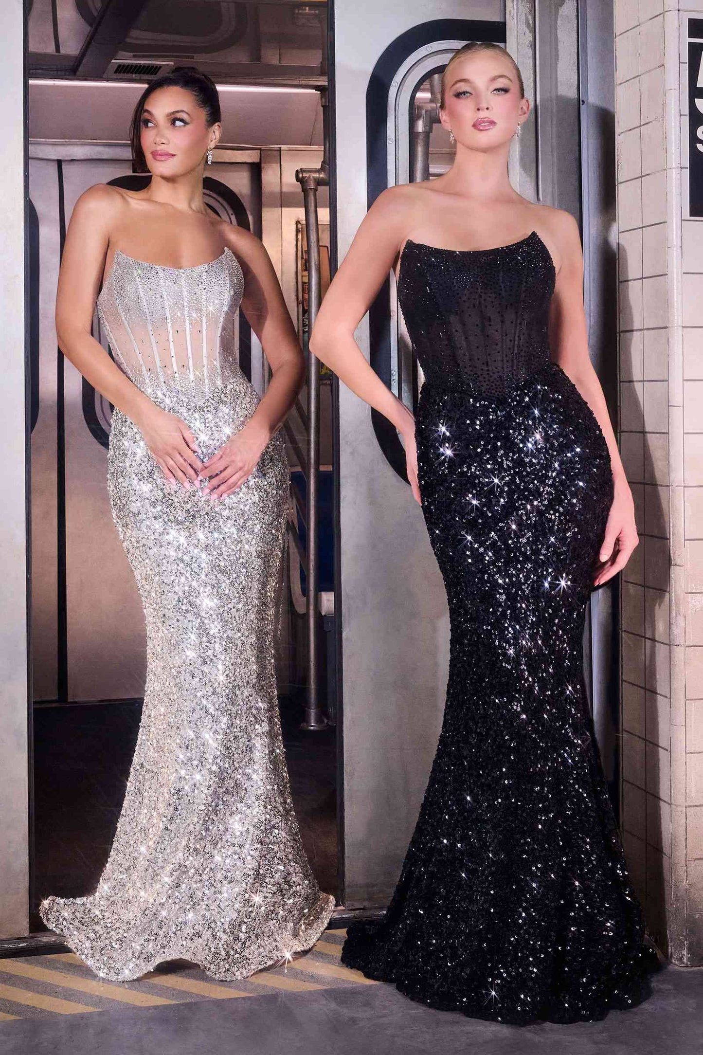 Ladivine J892 Sleek Neckline Sequin Design Corset Bodice Formal Gown