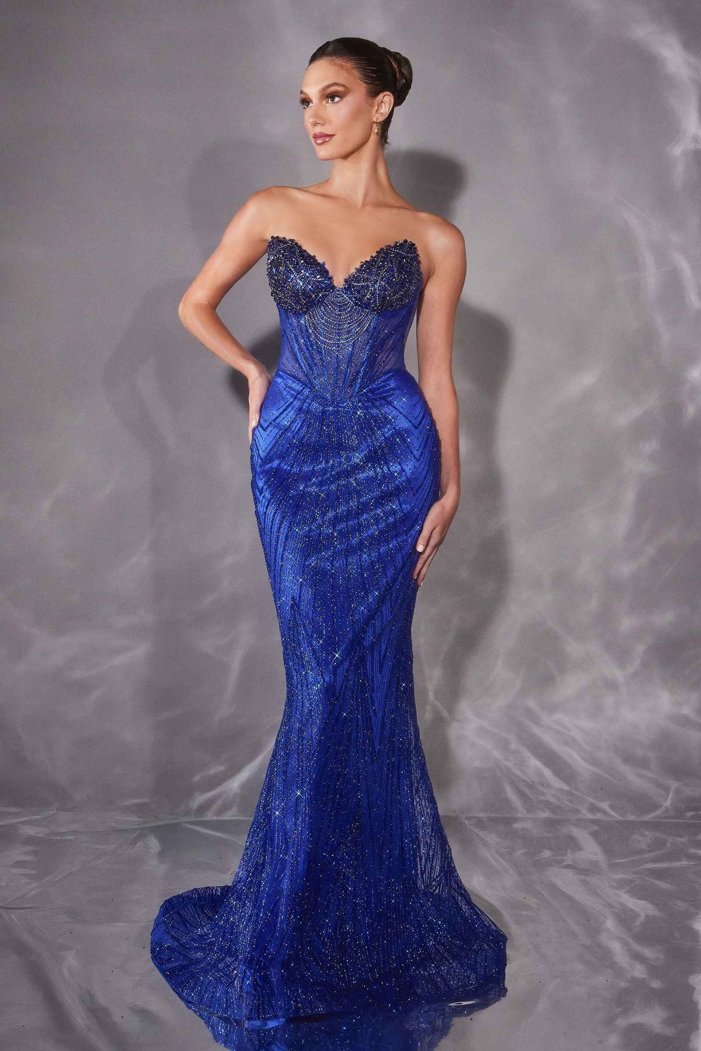 CLEARANCE - Ladivine J903 Crystal Sheer Corset Bodice Fitted Gold Gown (Size 6)