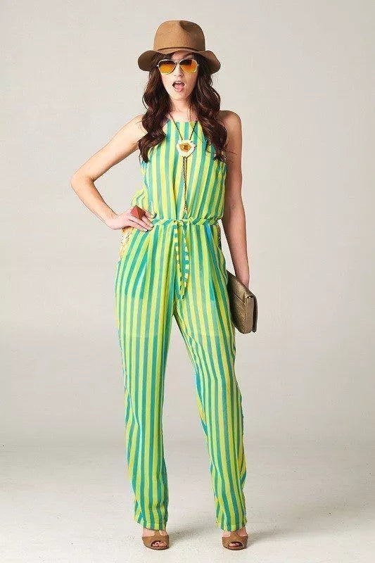 Women's Spaghetti Strap Jumpsuit With Border Flower Trim Neon Green &Yellow