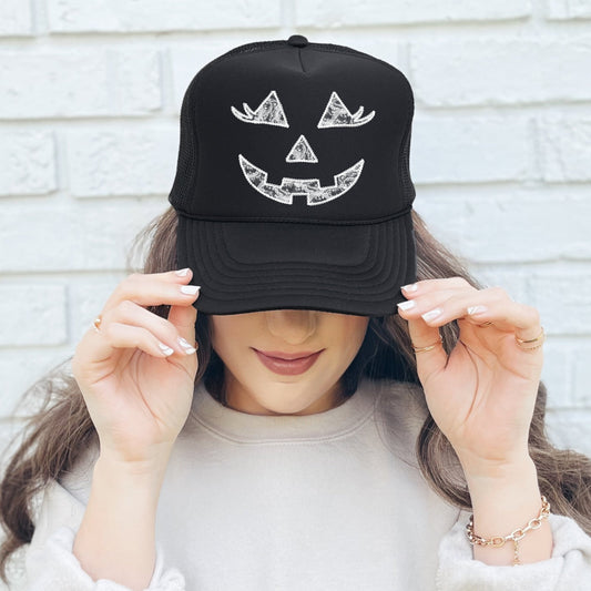Jack O Lantern, Faux Lace, Halloween, Black Snapback Trucker Hat