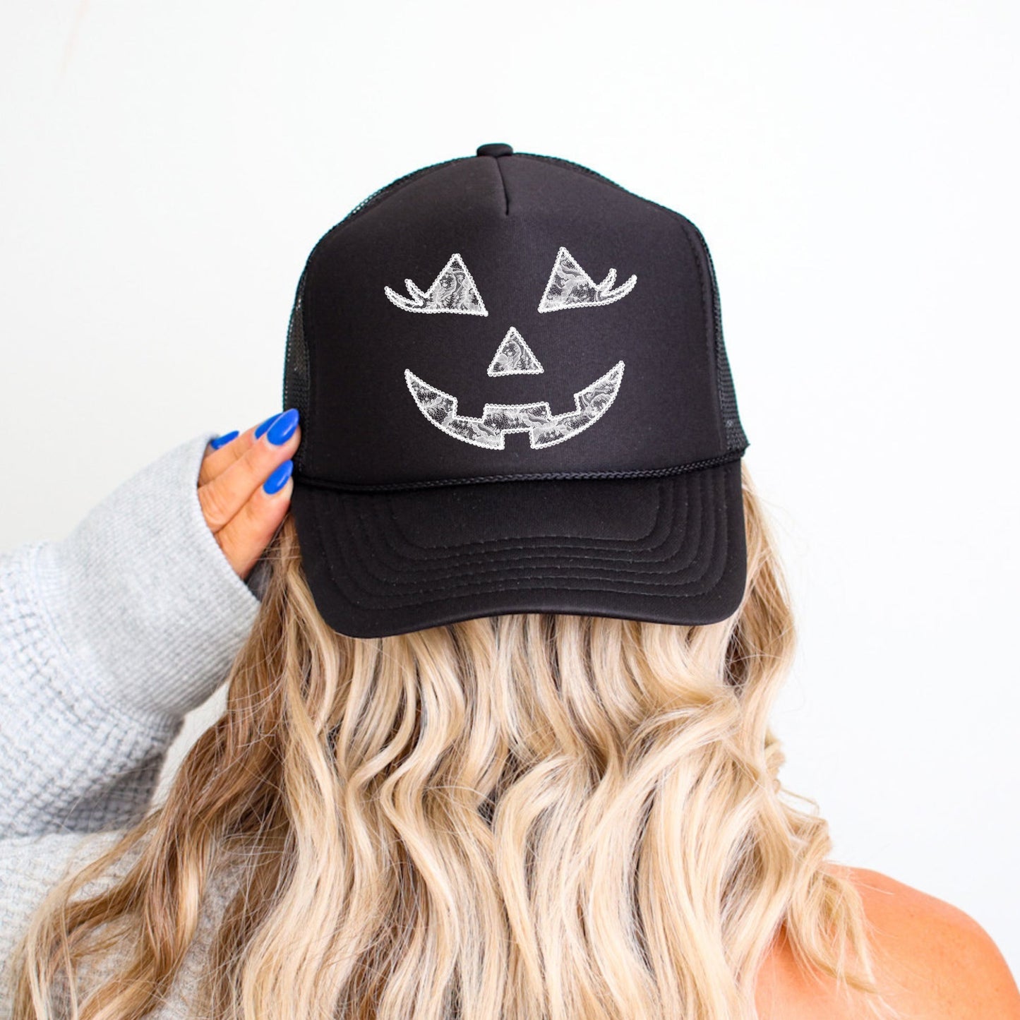 Jack O Lantern, Faux Lace, Halloween, Black Snapback Trucker Hat