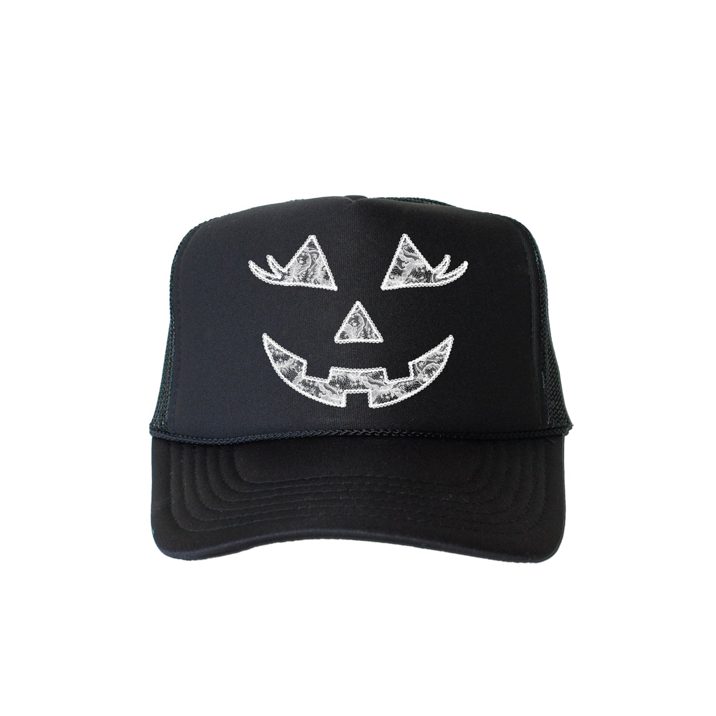 Jack O Lantern, Faux Lace, Halloween, Black Snapback Trucker Hat